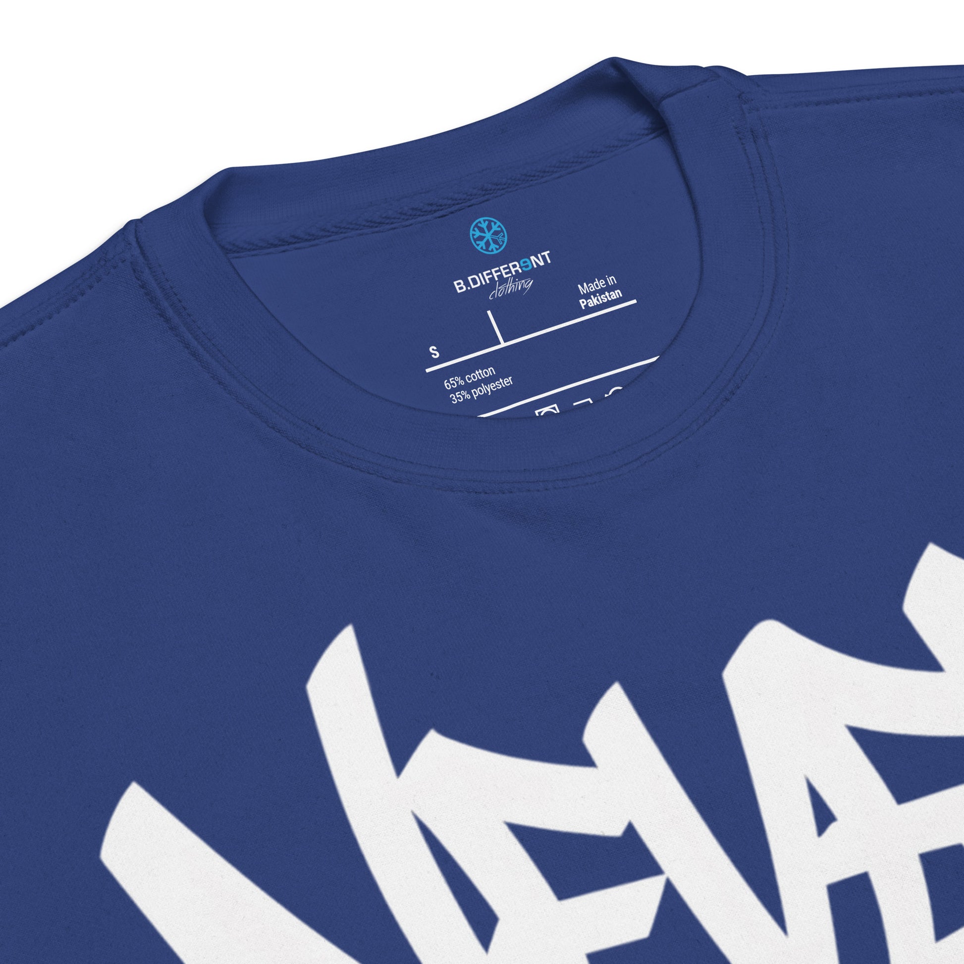 Blue-Never Grow Up Graffiti Sweatshirt from B.Different Clothing, collar, graffiti-inspired streetwear