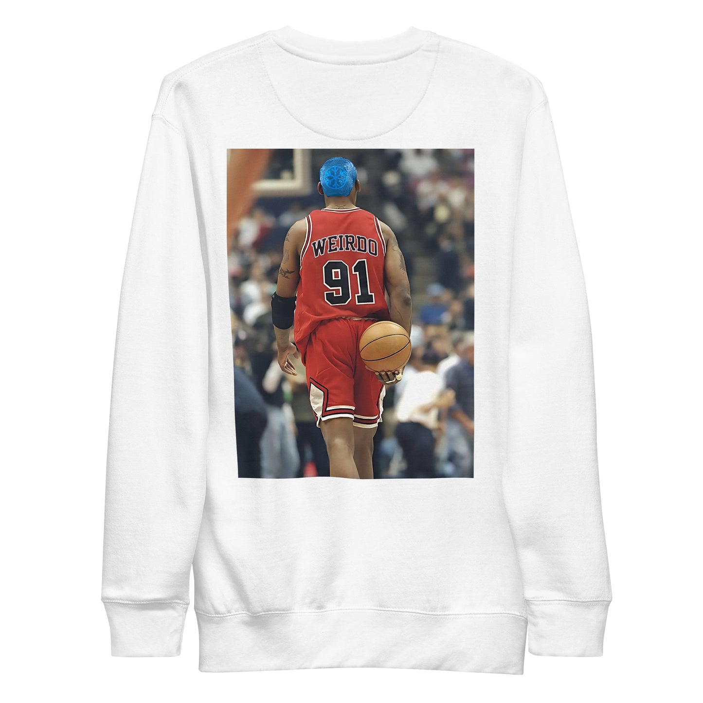 White-Dennis Graffiti Sweatshirt from B.Different Clothing, back view, graffiti-inspired streetwear