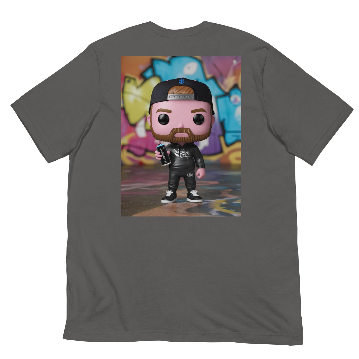 Gray-Graffiti Artist Vinyl Figure Tee from B.Different Clothing, back view, graffiti-inspired streetwear t-shirt