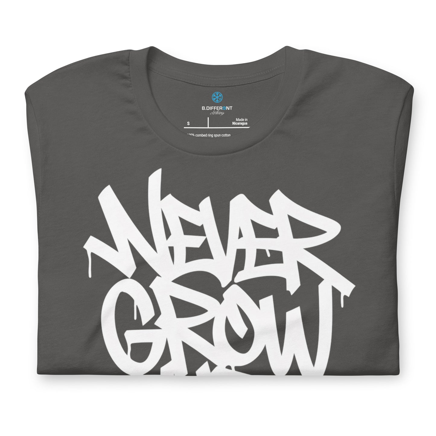 Gray-Never Grow Up Graffiti Tee from B.Different Clothing, folded, graffiti-inspired streetwear t-shirt