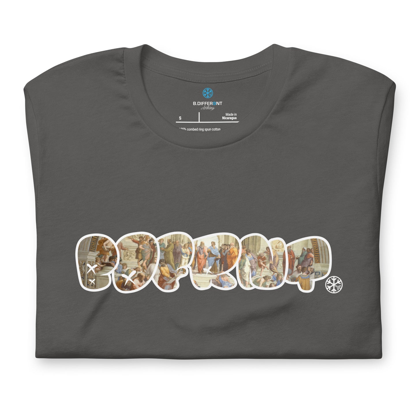 Gray-BDFRNT Throwie x School of Athens Graffiti Tee from B.Different Clothing, folded, graffiti-inspired streetwear t-shirt