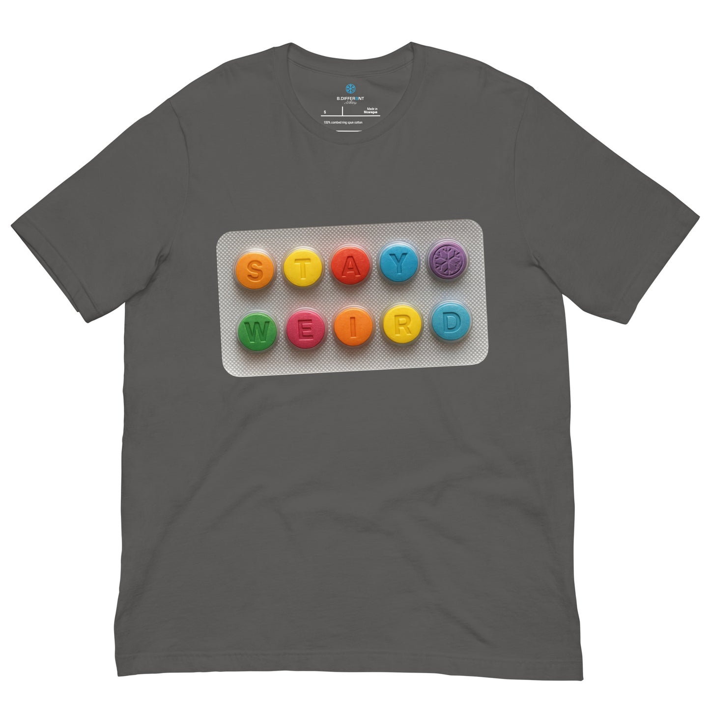 Gray-Stay Weird Pills Tee from B.Different Clothing, front view, graffiti-inspired streetwear t-shirt