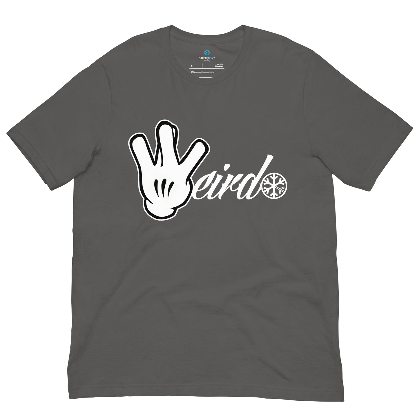 Gray-Weirdo Hand Sign Tee from B.Different Clothing, front view, graffiti-inspired streetwear t-shirt