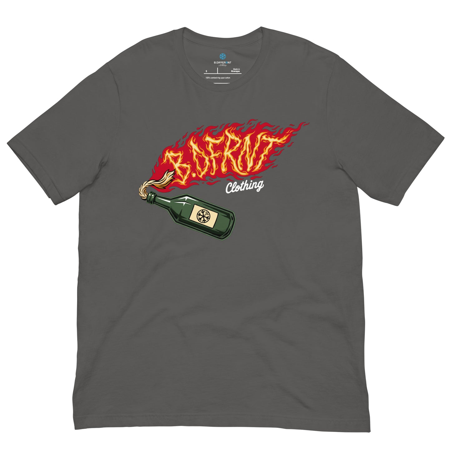 Gray-Molotov Graffiti Tee from B.Different Clothing, front view, graffiti-inspired streetwear t-shirt
