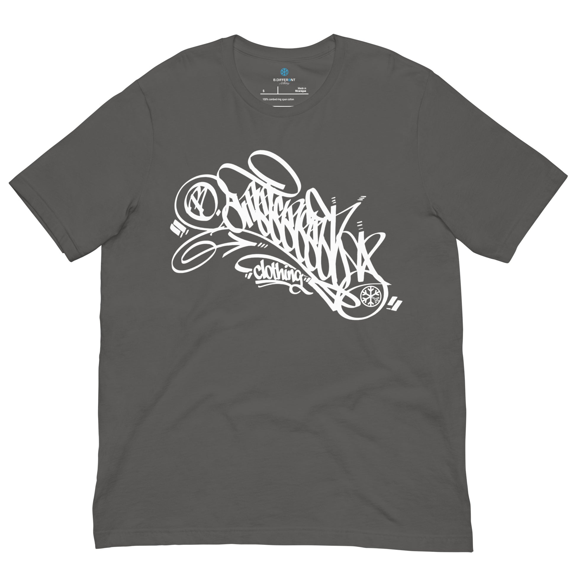 Gray-B.Different Clothing Graffiti Tag Tee from B.Different Clothing, front view, graffiti-inspired streetwear t-shirt