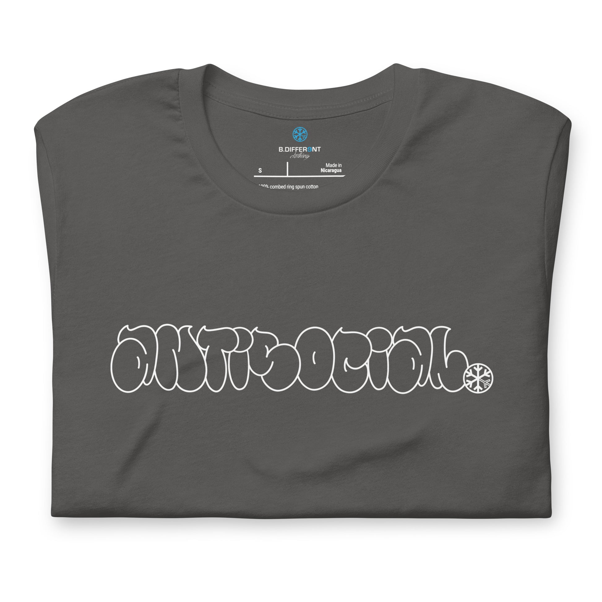 Gray-Antisocial Graffiti Hollow Tee from B.Different Clothing, folded, graffiti-inspired streetwear t-shirt