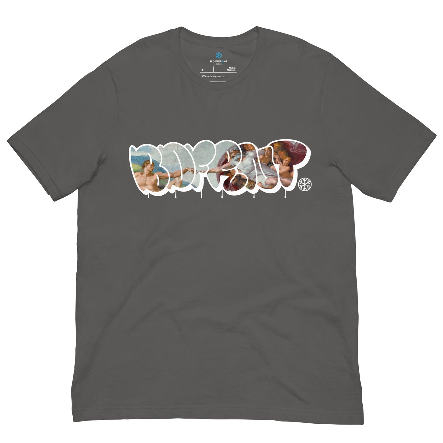 Gray-BDFRNT Throwie x Creation of Adam Graffiti Tee from B.Different Clothing, front view, graffiti-inspired streetwear t-shirt