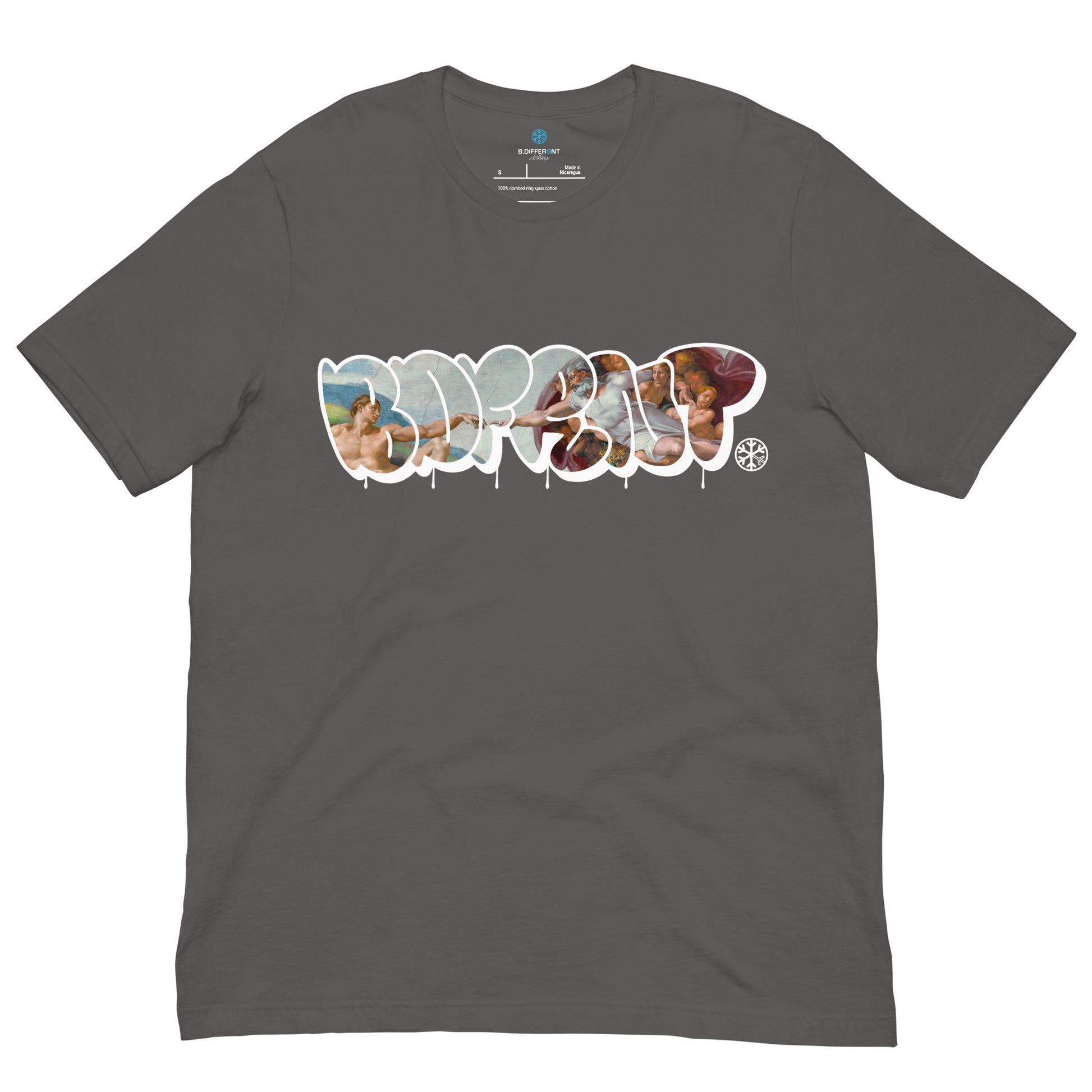 Gray-BDFRNT Throwie x Creation of Adam Graffiti Tee from B.Different Clothing, front view, graffiti-inspired streetwear t-shirt