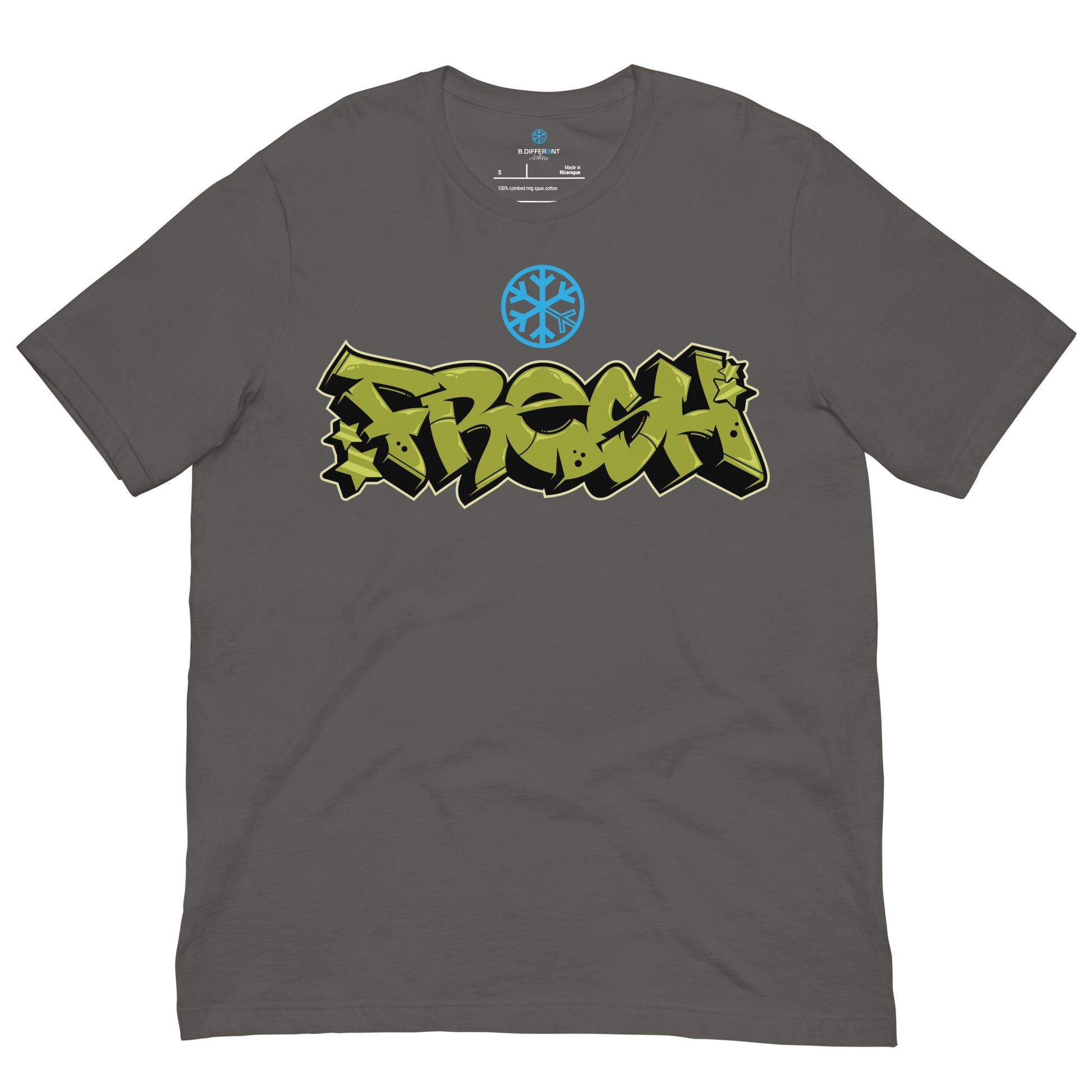 Gray-Fresh Graffiti Piece Tee from B.Different Clothing, front view, graffiti-inspired streetwear t-shirt