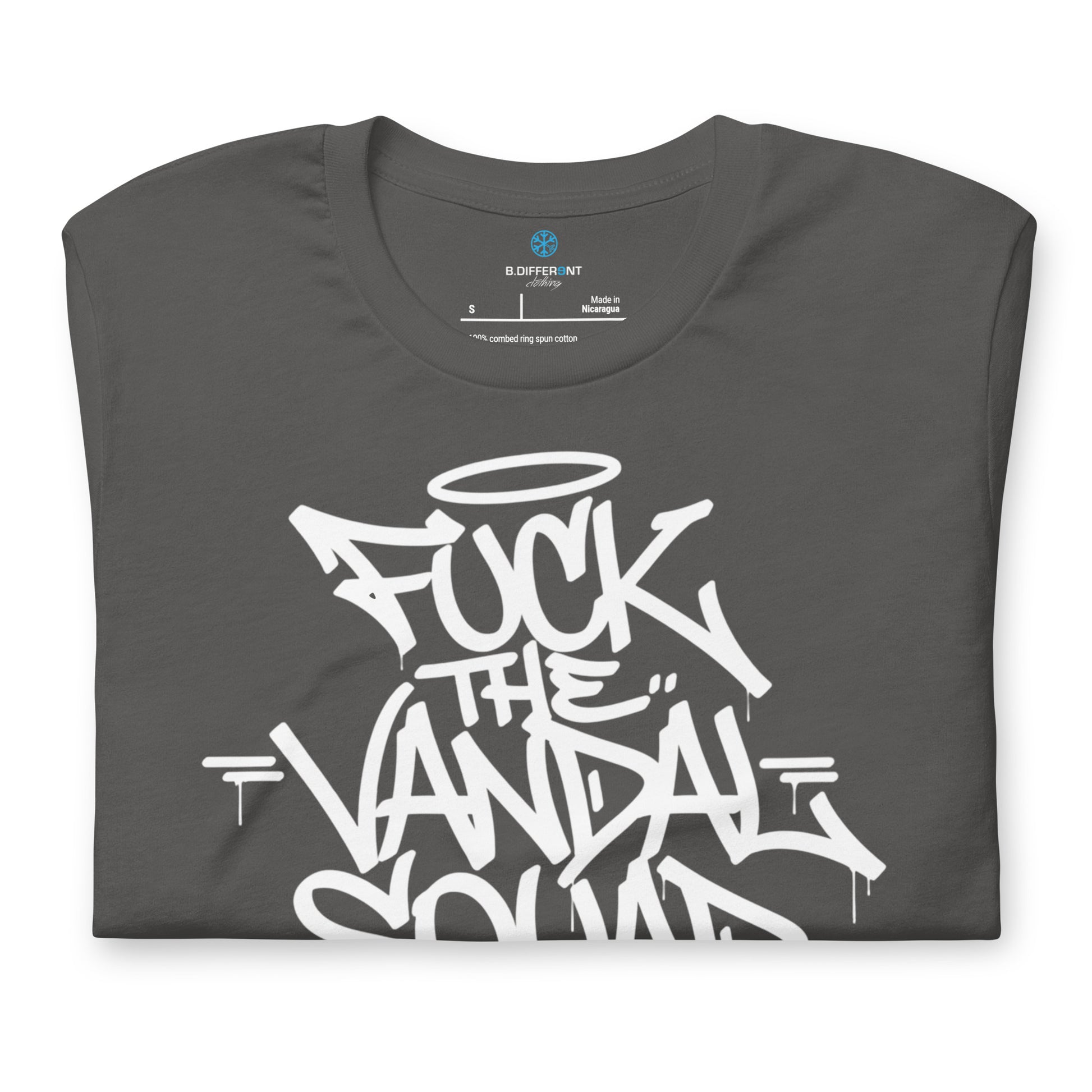 Gray-Fuck The Vandal Squad Graffiti Tee from B.Different Clothing, folded, graffiti-inspired streetwear t-shirt