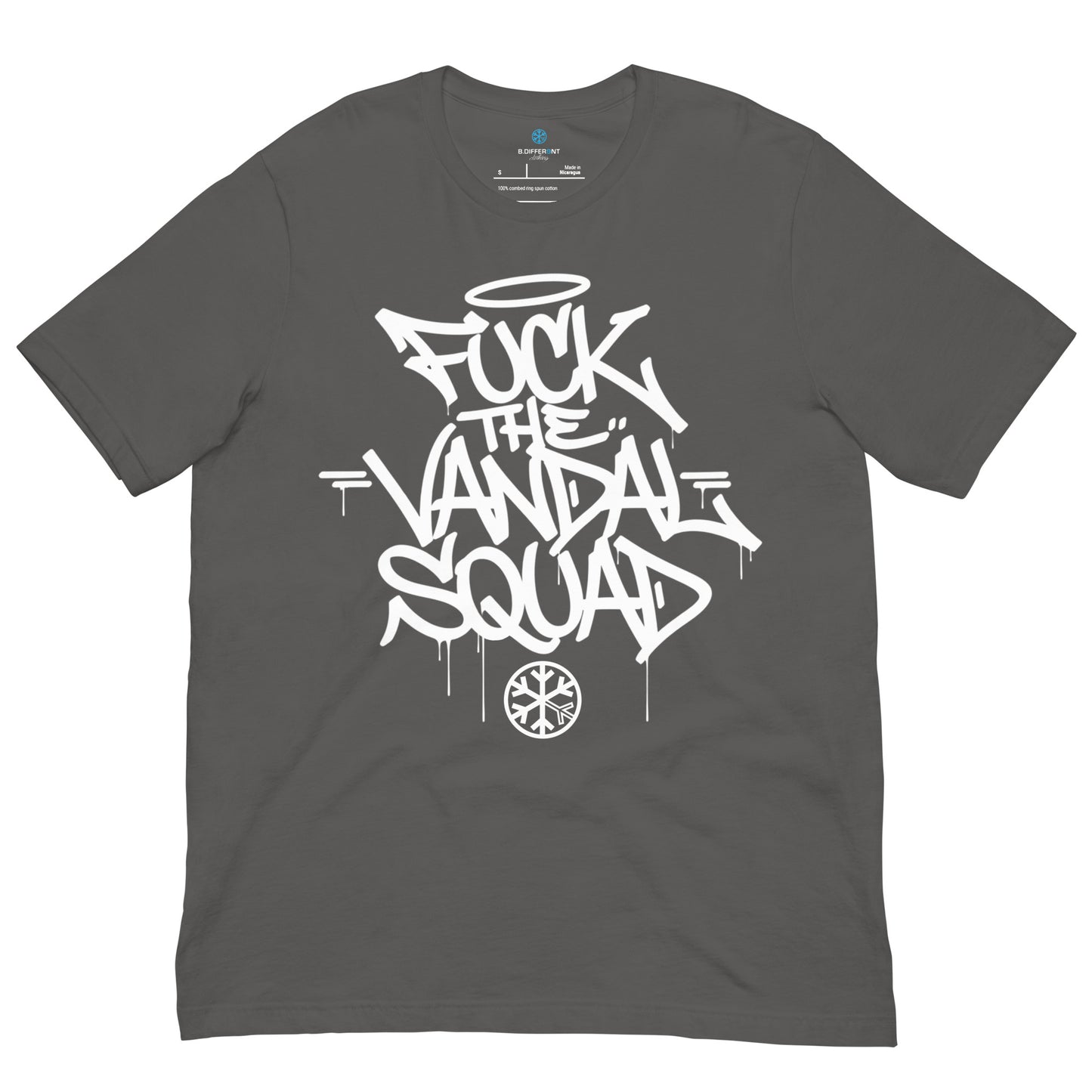 Gray-Fuck The Vandal Squad Graffiti Tee from B.Different Clothing, front view, graffiti-inspired streetwear t-shirt
