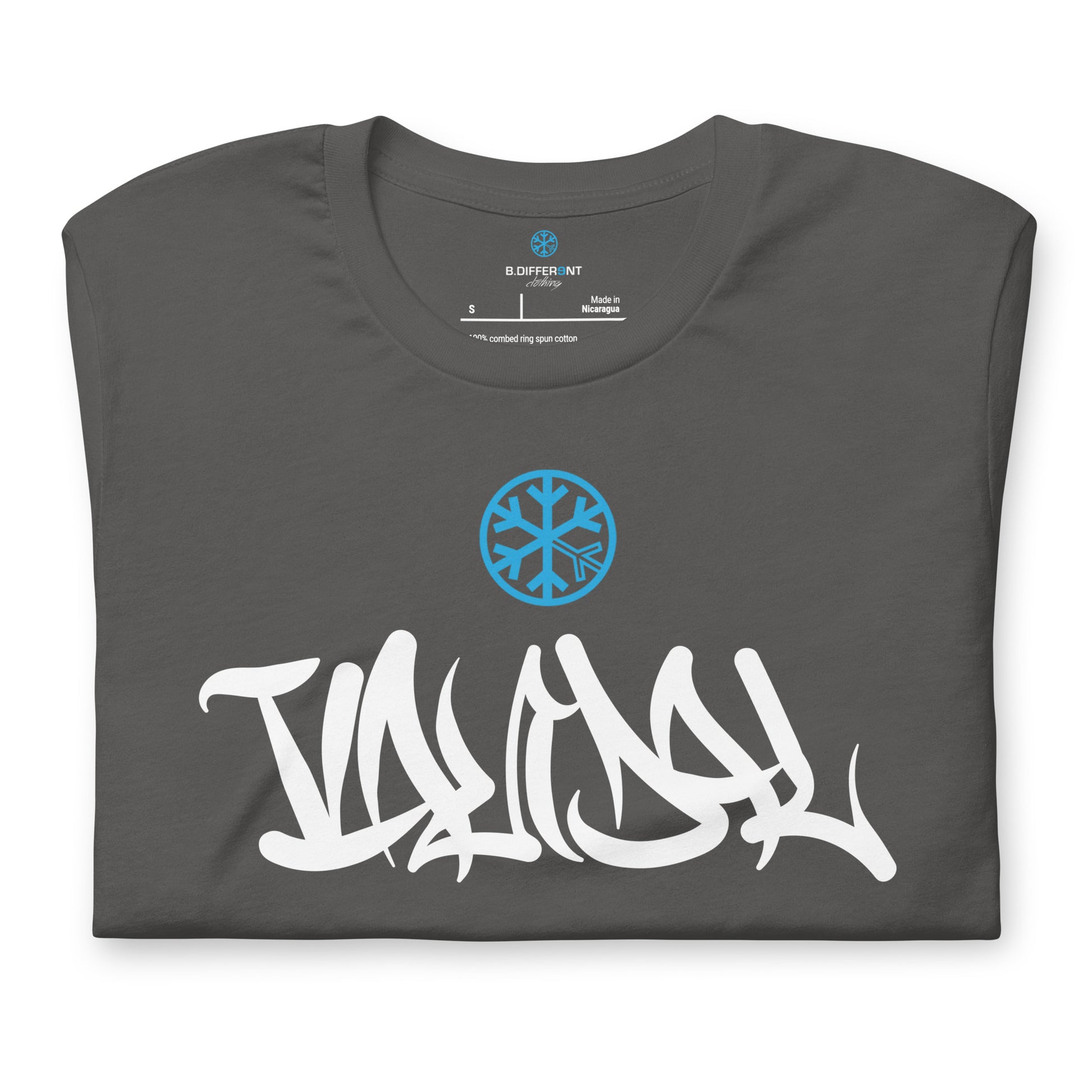 Gray-Vandal Graffiti Tag Tee from B.Different Clothing, folded, graffiti-inspired streetwear t-shirt