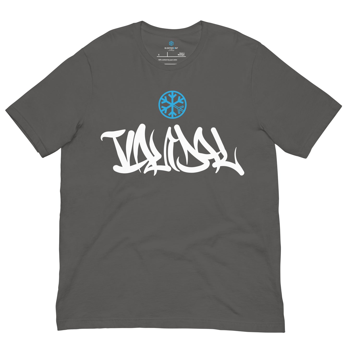 Gray-Vandal Graffiti Tag Tee from B.Different Clothing, front view, graffiti-inspired streetwear t-shirt