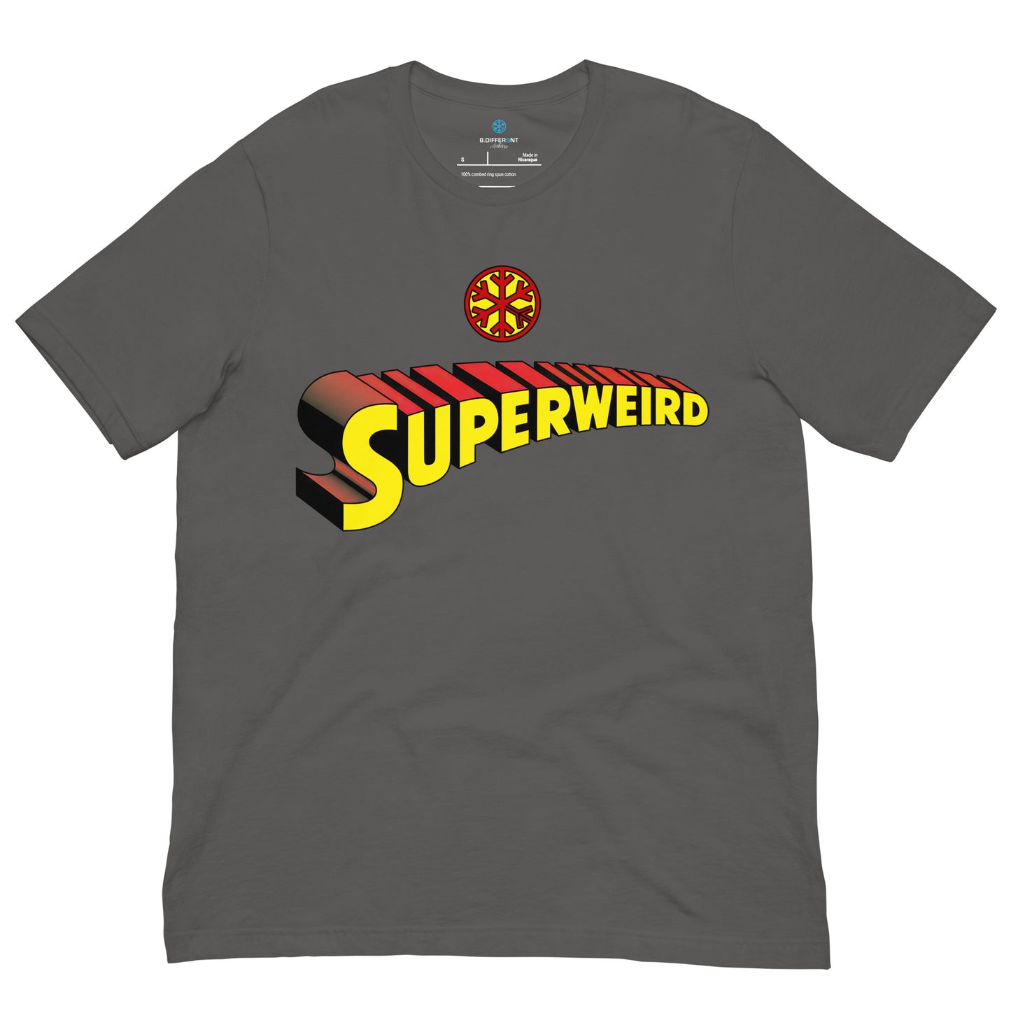 Gray-Superweird Tee from B.Different Clothing, front view, graffiti-inspired streetwear t-shirt