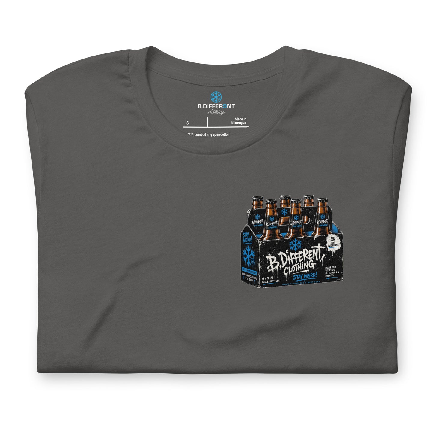 Gray-Six Pack Beer Graffiti Tee from B.Different Clothing, folded, graffiti-inspired streetwear