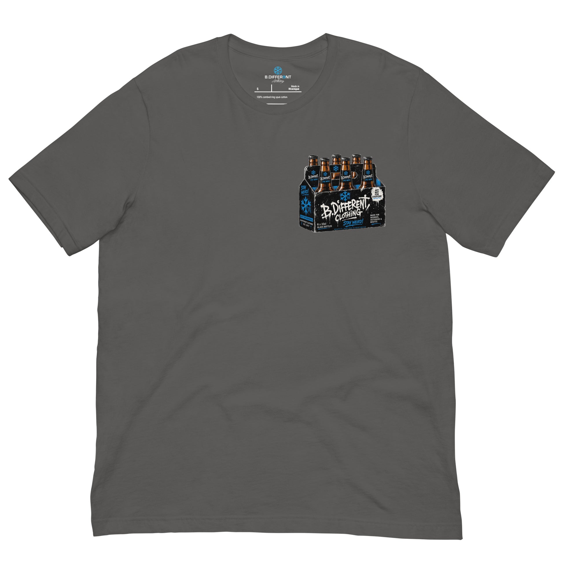 Gray-Six Pack Beer Graffiti Tee from B.Different Clothing, front view, graffiti-inspired streetwear