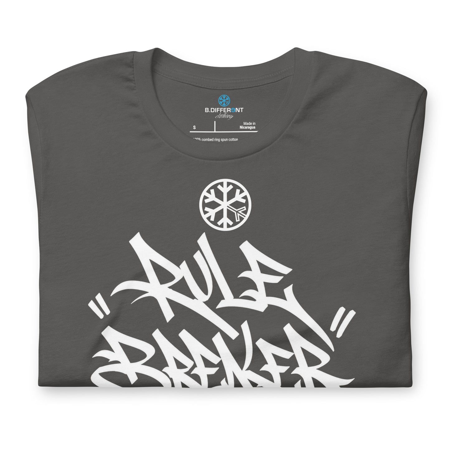 Dark Gray-Rule Breaker Graffiti Tag Tee from B.Different Clothing, folded, graffiti-inspired streetwear