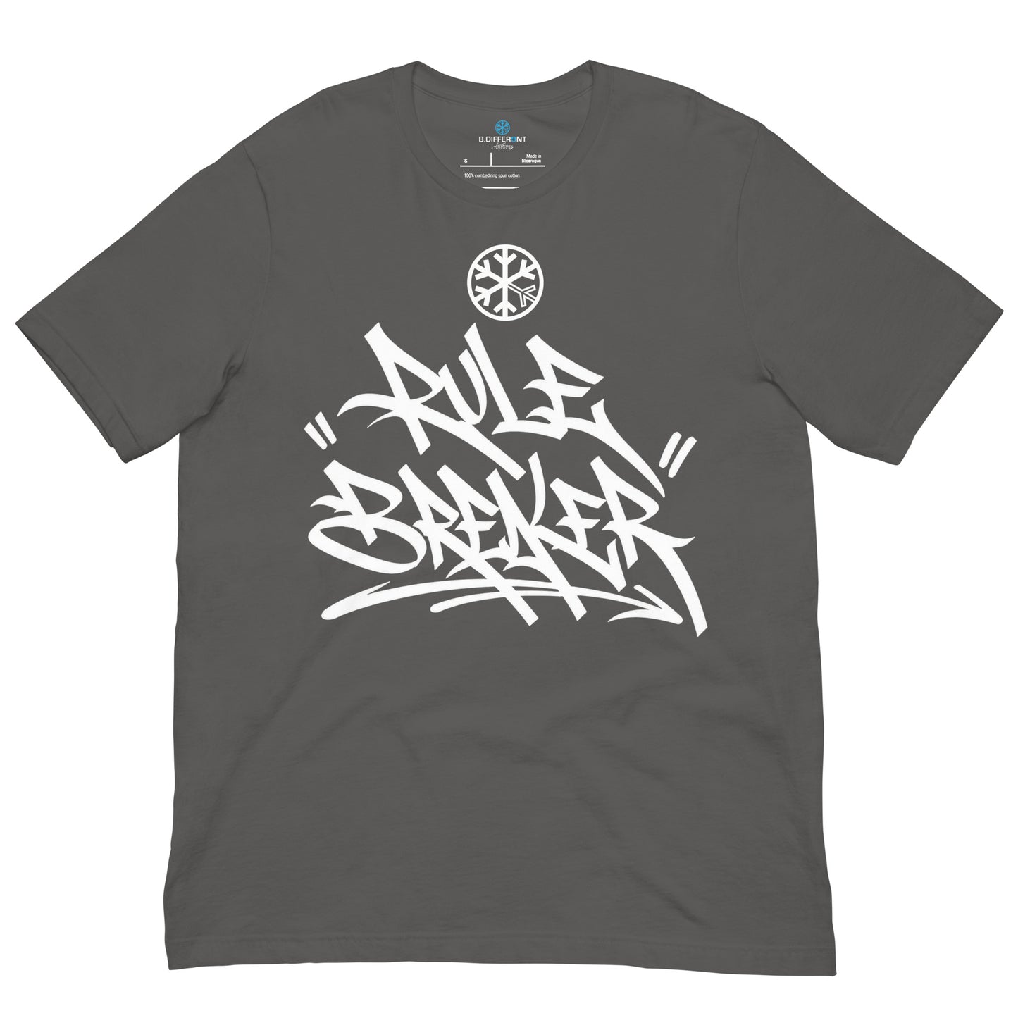 Dark Gray-Rule Breaker Graffiti Tag Tee from B.Different Clothing, front view, graffiti-inspired streetwear