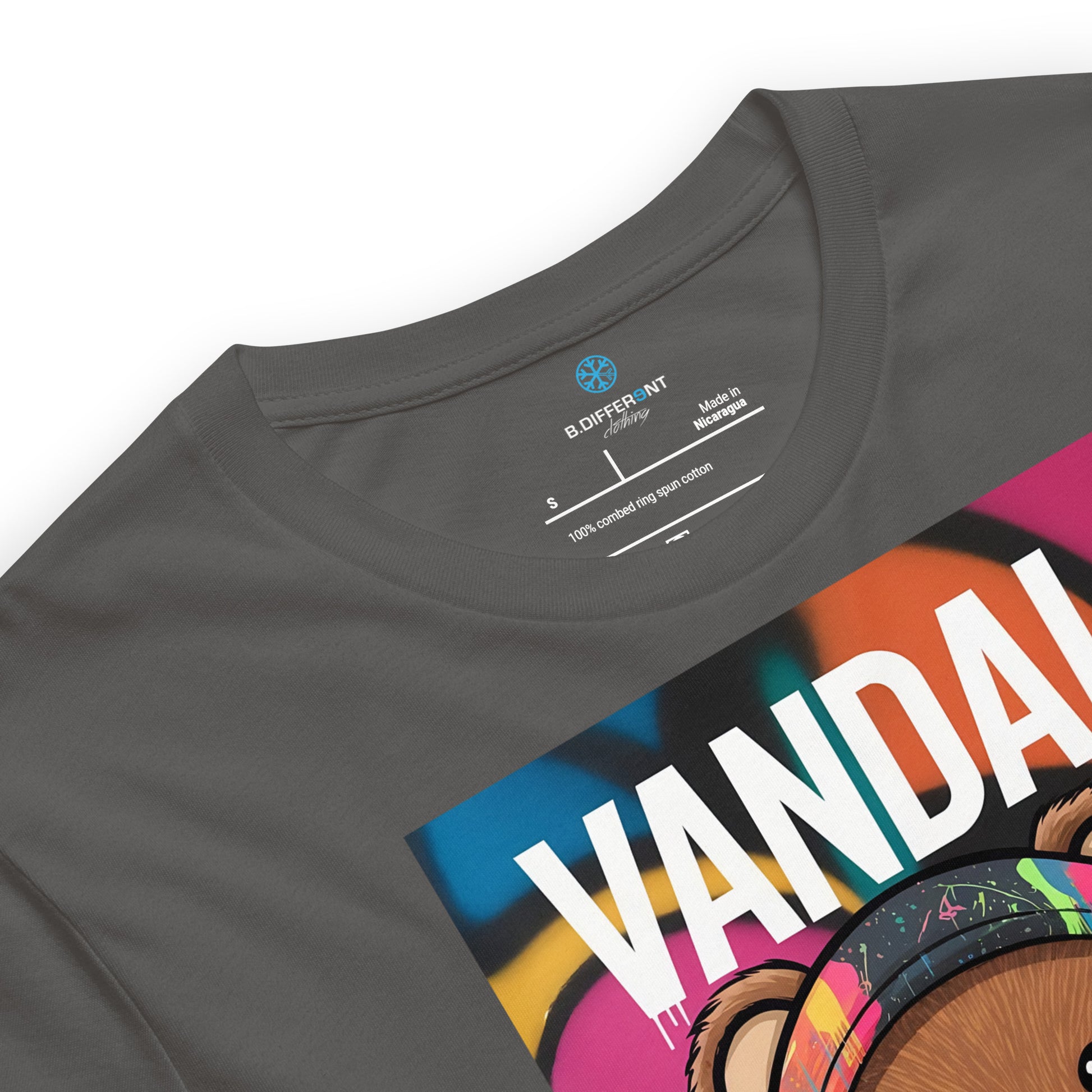 Gray-Vandal Teddy Bear Graffiti Tee from B.Different Clothing, collar, graffiti-inspired streetwear