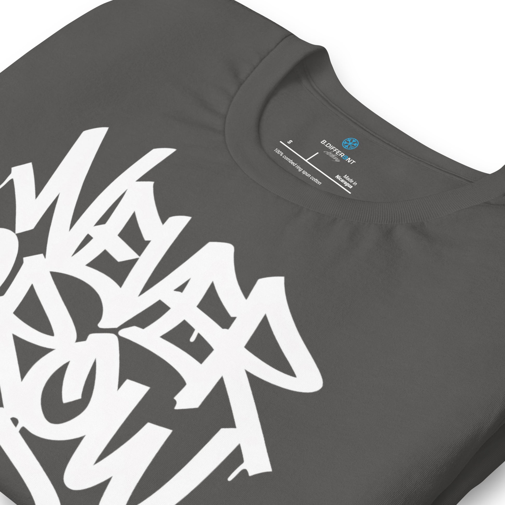 Gray-Never Grow Up Graffiti Tee from B.Different Clothing, detail, graffiti-inspired streetwear t-shirt