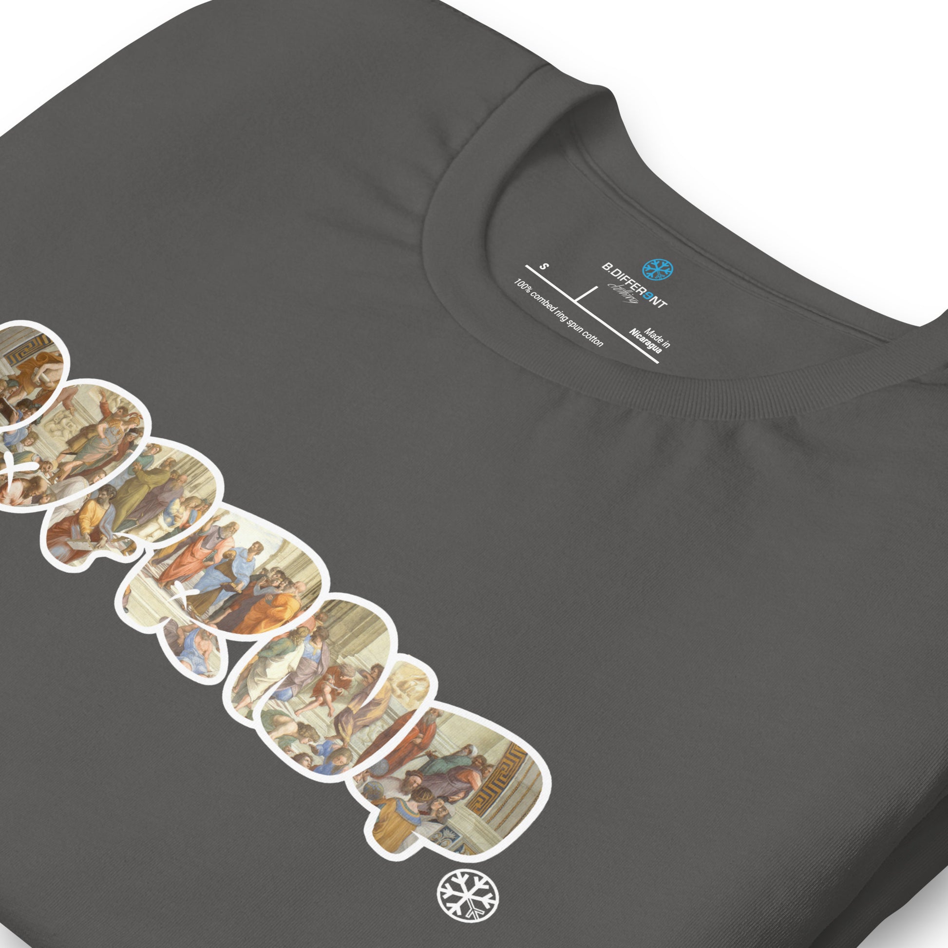 Gray-BDFRNT Throwie x School of Athens Graffiti Tee from B.Different Clothing, detail, graffiti-inspired streetwear t-shirt