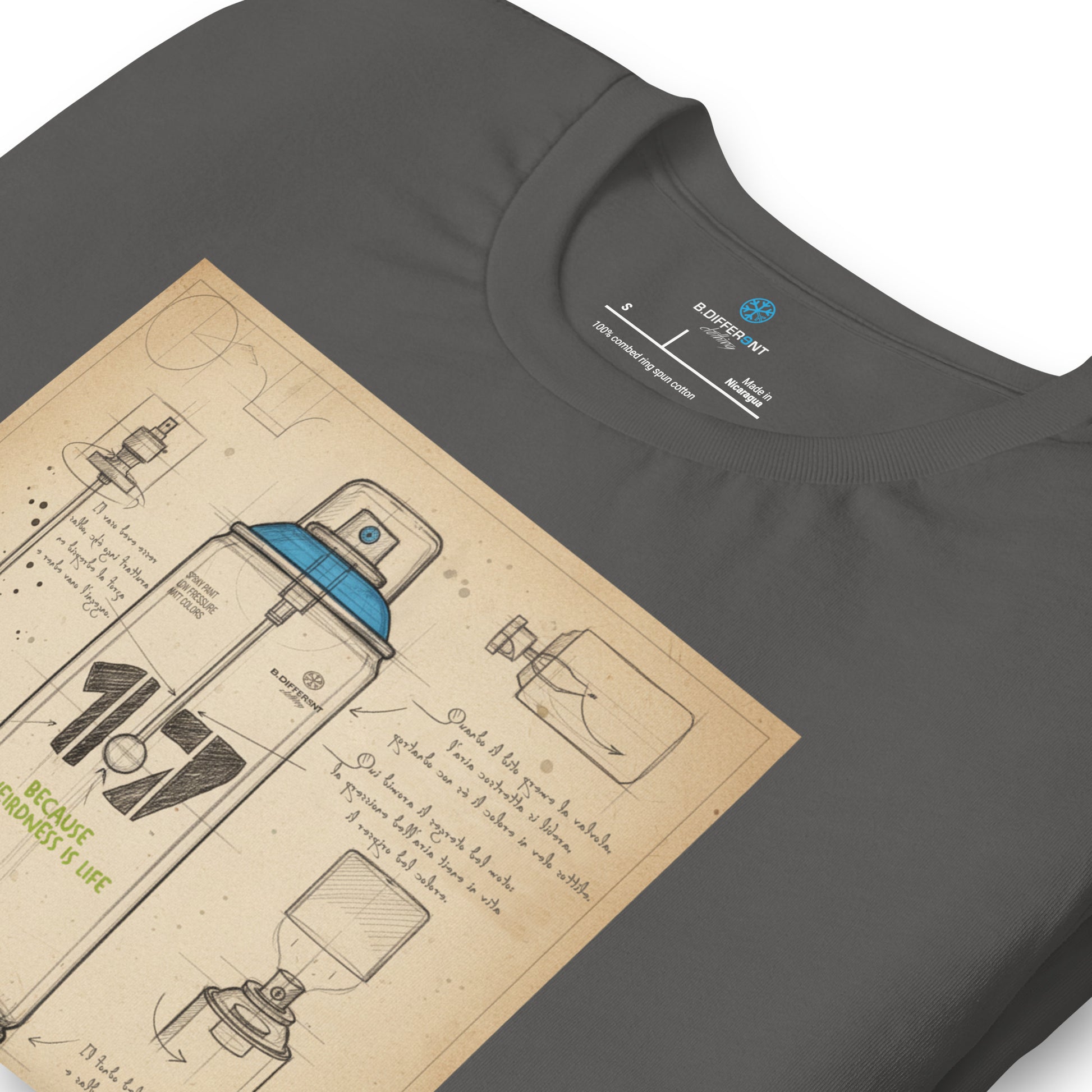 Gray-Spray Can Sketch Graffiti Tee from B.Different Clothing, detail, graffiti-inspired streetwear t-shirt