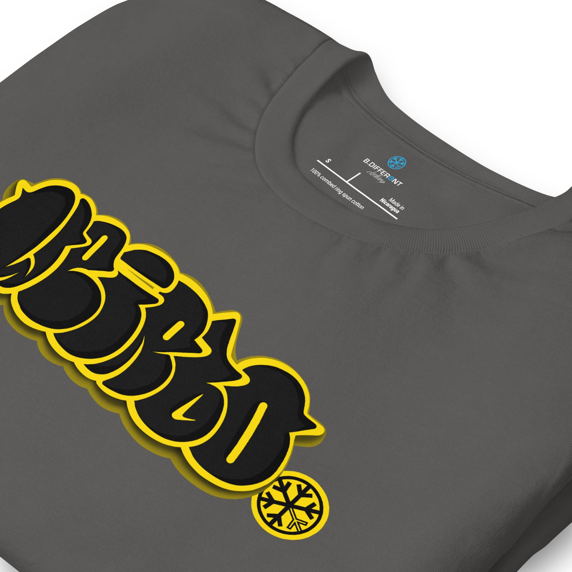 Gray-Weirdo Graffiti Throwie Tee from B.Different Clothing, detail, graffiti-inspired streetwear t-shirt