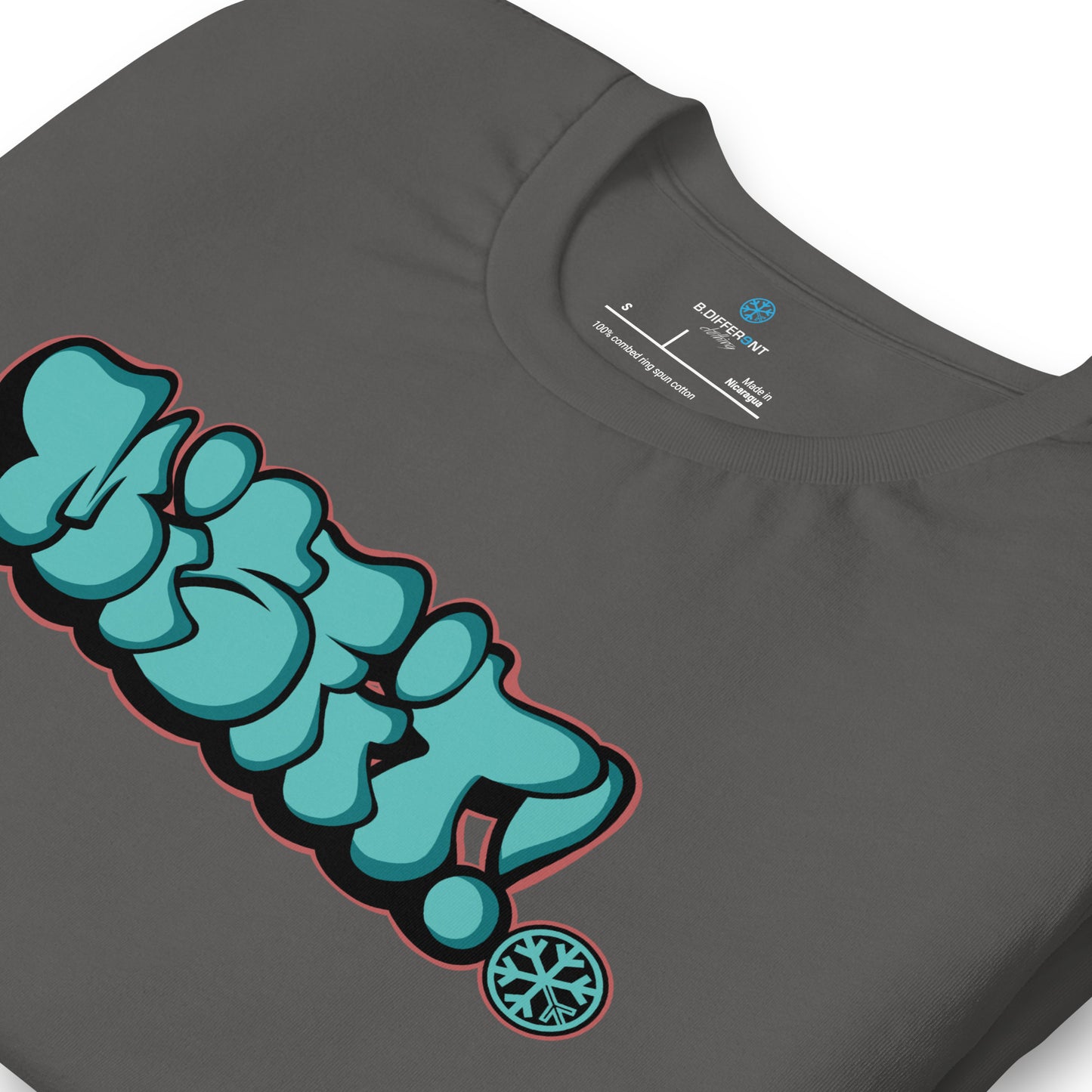 Gray-Misfit Graffiti Throwie Tee from B.Different Clothing, detail, graffiti-inspired streetwear t-shirt
