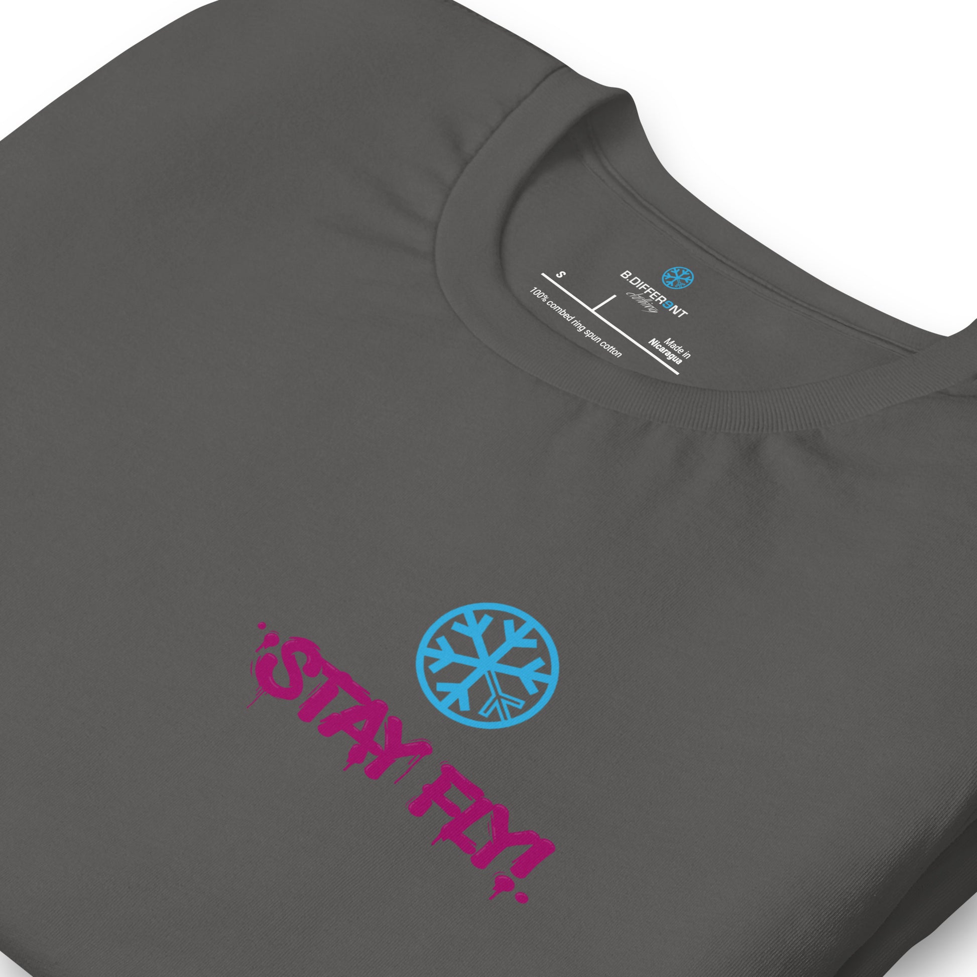 Gray-Stay Fly Graffiti Character Tee from B.Different Clothing, detail, graffiti-inspired streetwear t-shirt