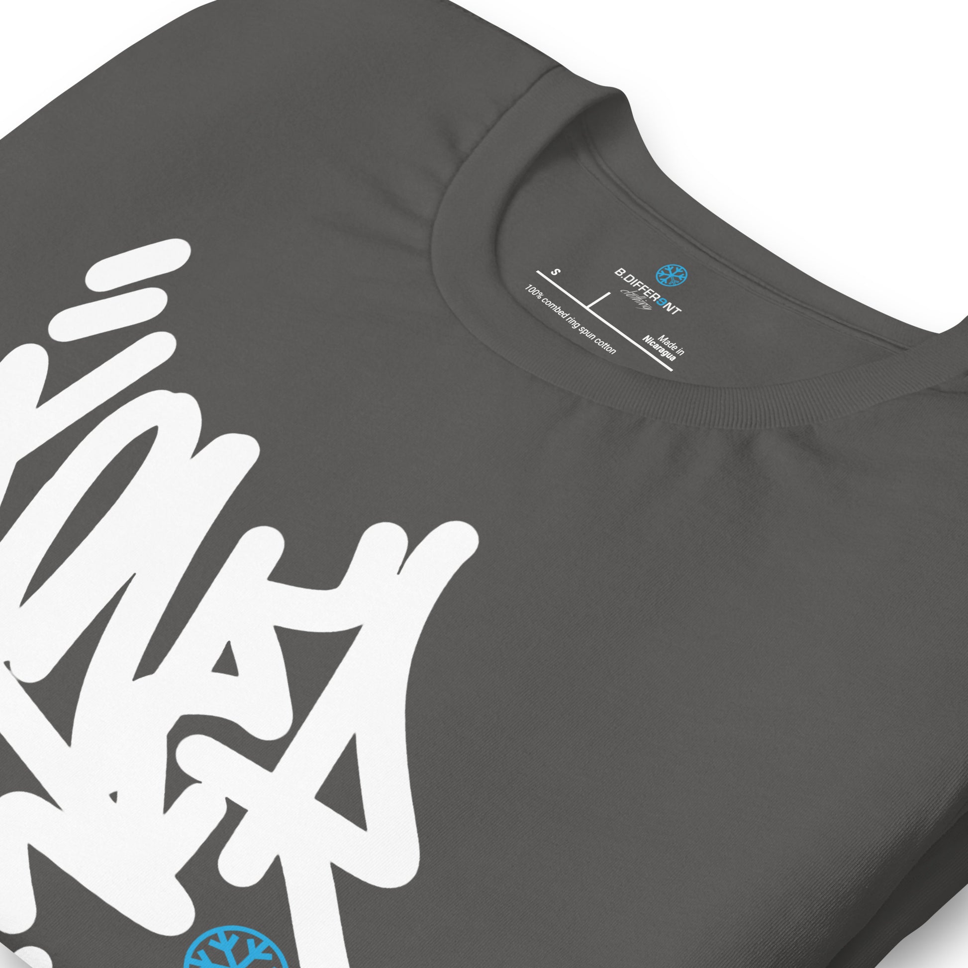 Darkgray-Loner Graffiti Tag Tee from B.Different Clothing, detail, graffiti-inspired streetwear t-shirt
