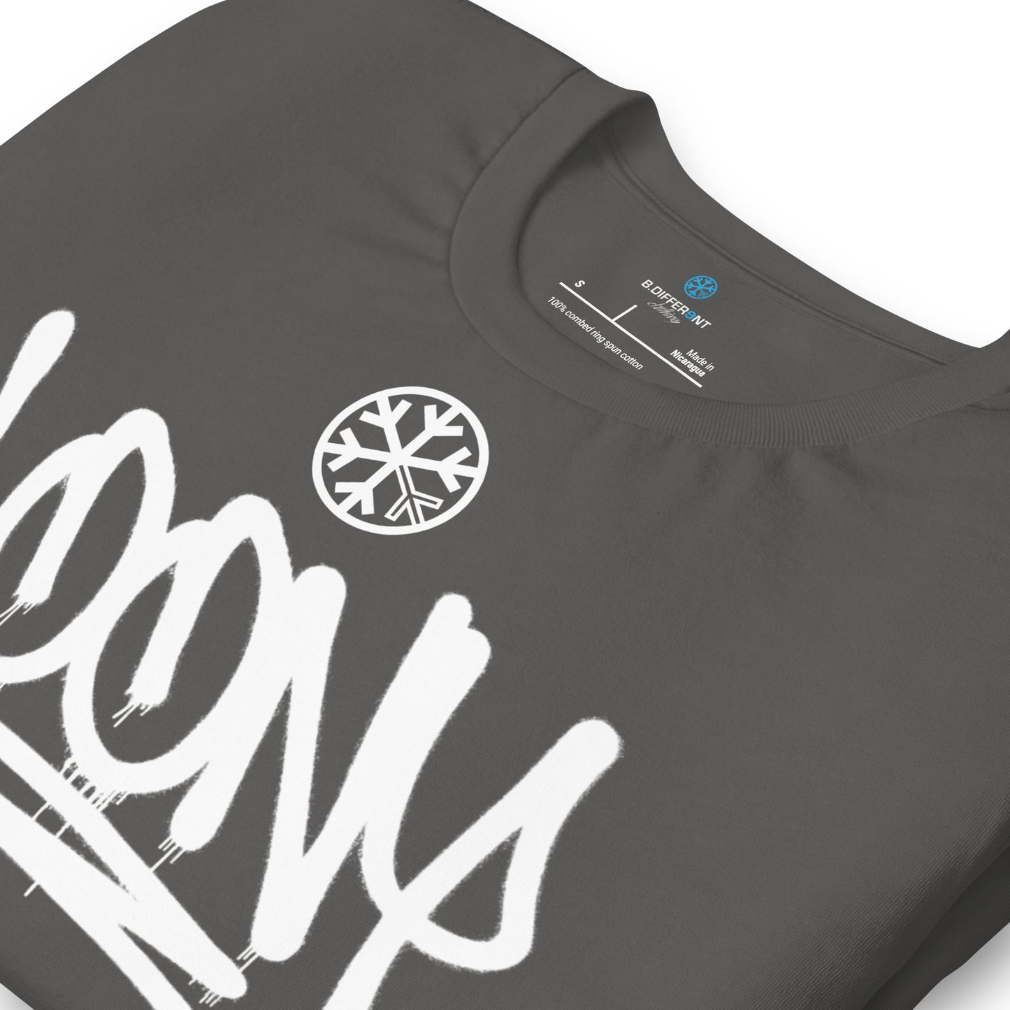 Gray-Loony Graffiti Tag Tee from B.Different Clothing, detail, graffiti-inspired streetwear t-shirt