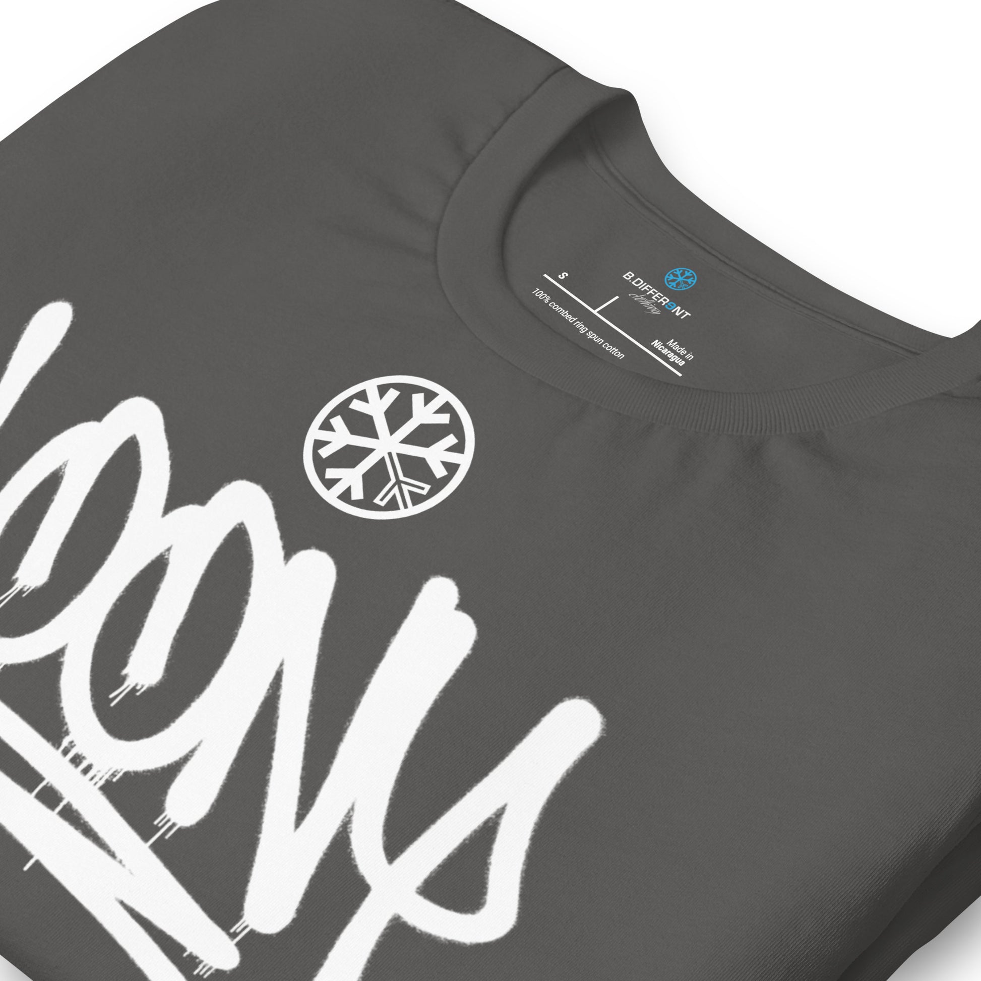 Gray-Loony Graffiti Tag Tee from B.Different Clothing, detail, graffiti-inspired streetwear t-shirt