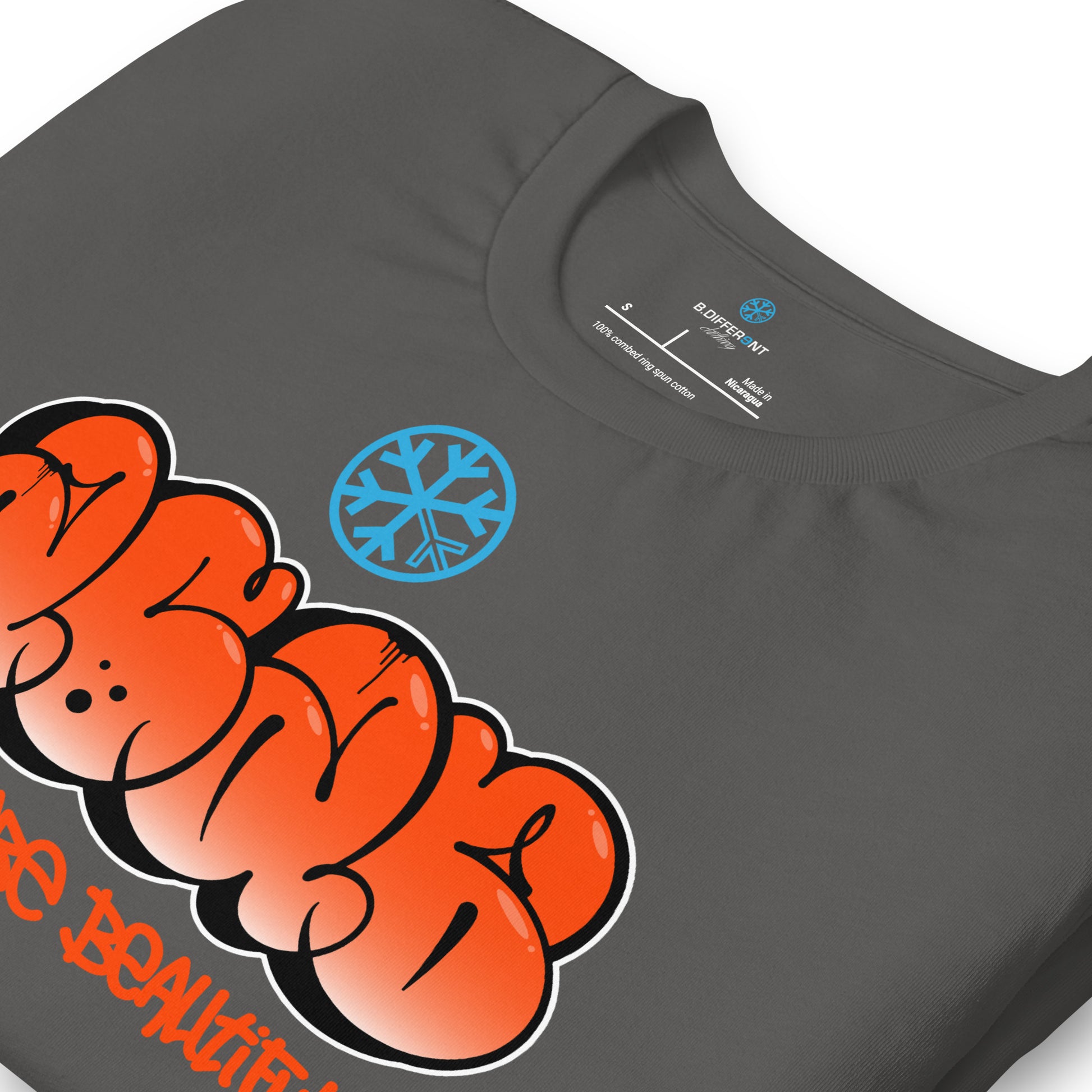Gray-ACAB Graffiti Throw-up Tee from B.Different Clothing, detail, graffiti-inspired streetwear t-shirt