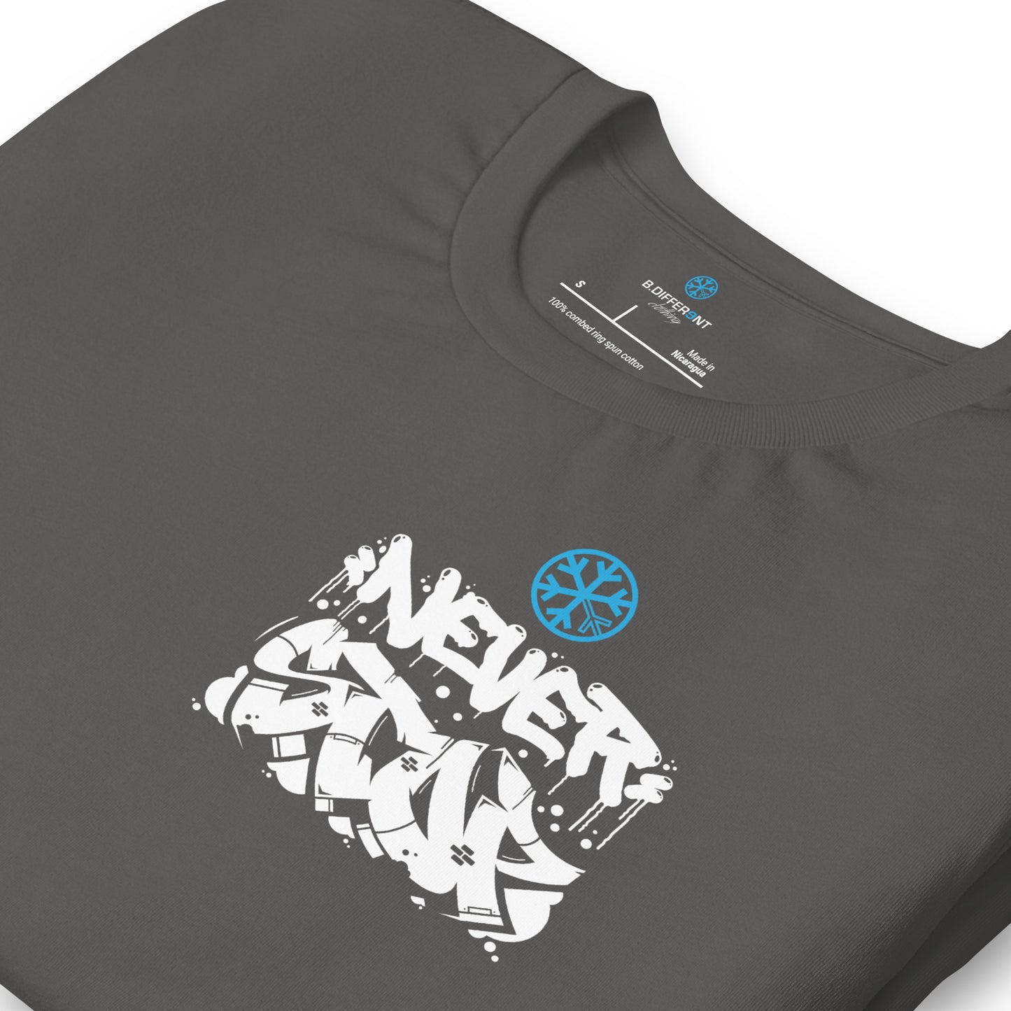 Gray-Never Stop Graffiti Character Tee from B.Different Clothing, detail, graffiti-inspired streetwear t-shirt