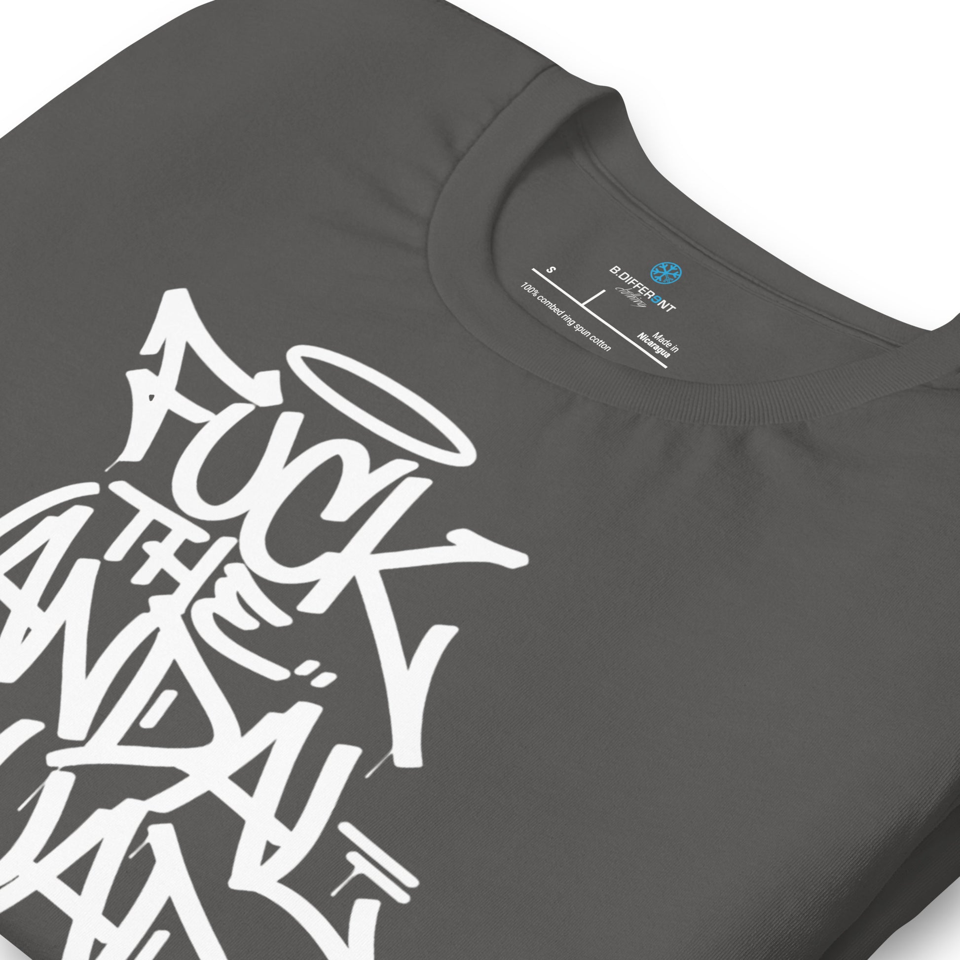 Gray-Fuck The Vandal Squad Graffiti Tee from B.Different Clothing, detail, graffiti-inspired streetwear t-shirt
