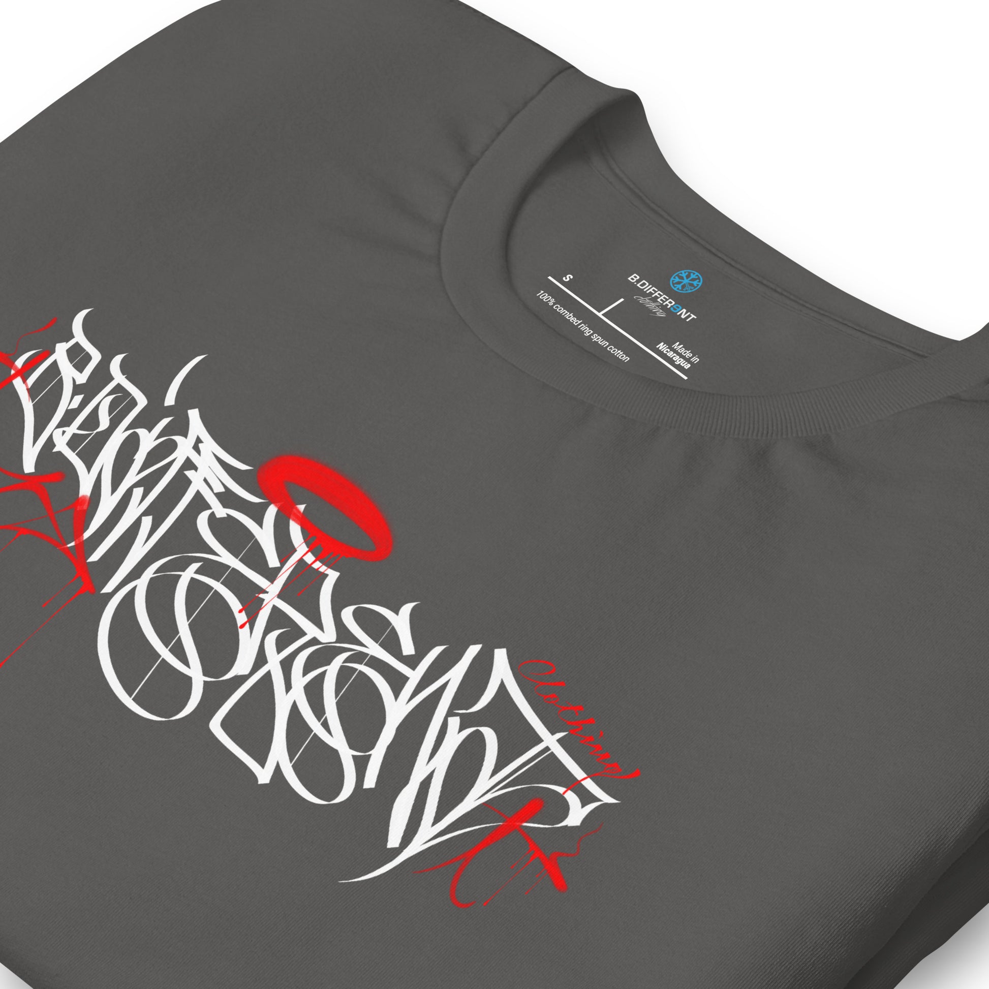 Gray-Caos One Collab Graffiti Tee from B.Different Clothing, detail, graffiti-inspired streetwear t-shirt