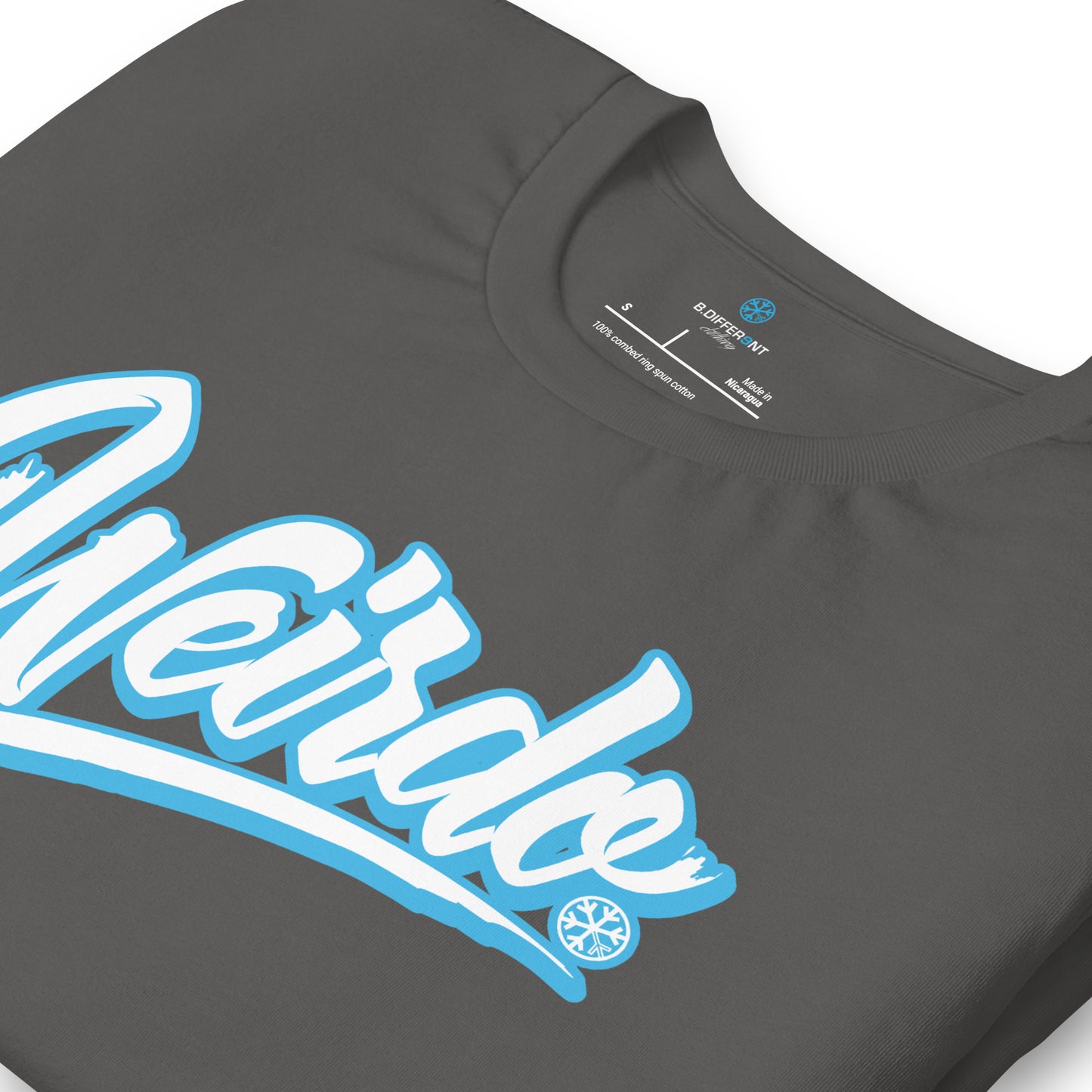 Gray-Weirdo Tee from B.Different Clothing, detail, graffiti-inspired streetwear t-shirt