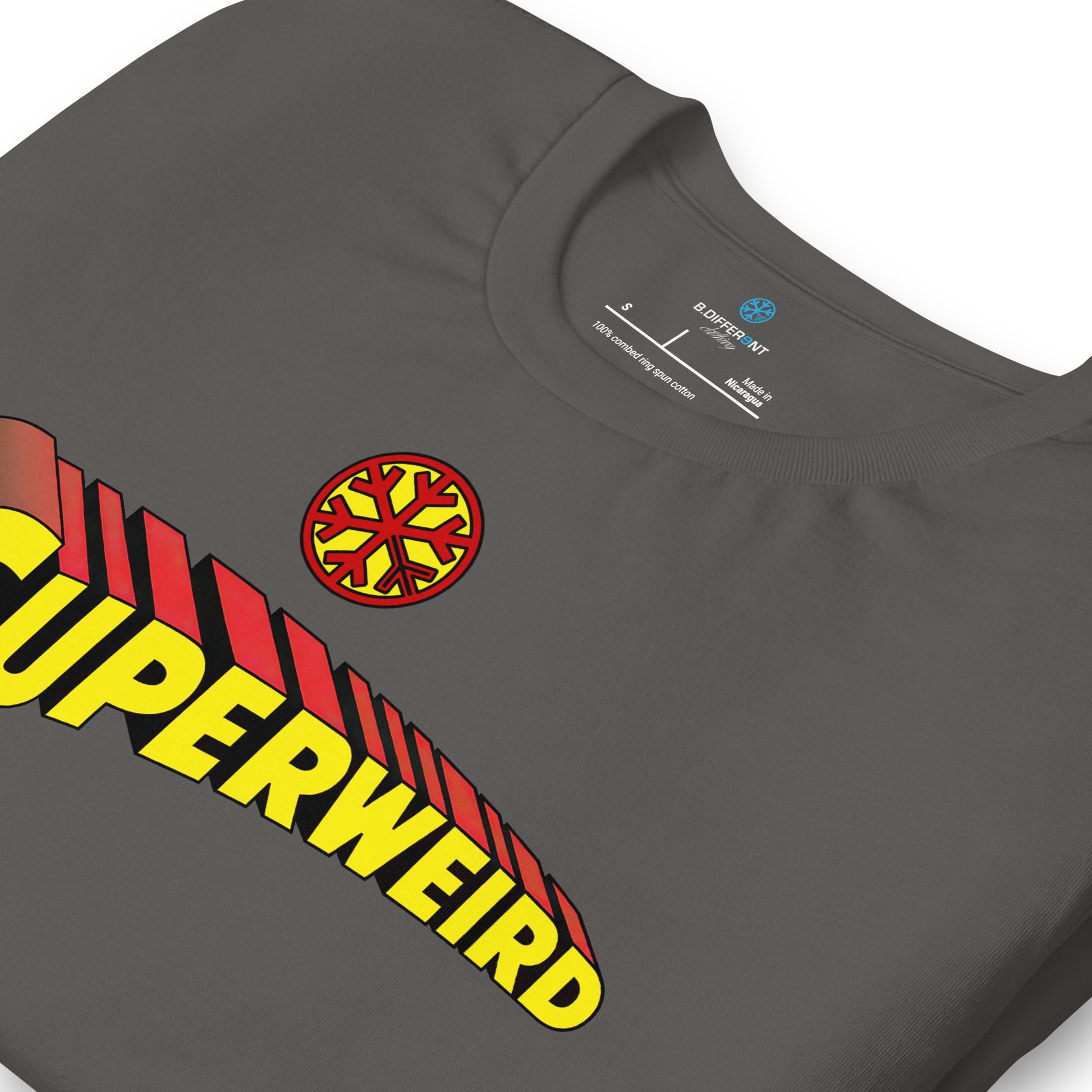 Gray-Superweird Tee from B.Different Clothing, detail, graffiti-inspired streetwear t-shirt