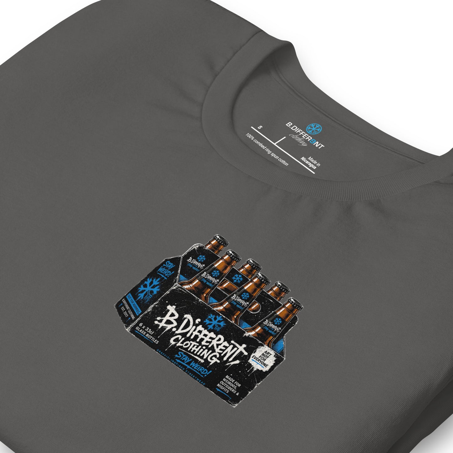 Gray-Six Pack Beer Graffiti Tee from B.Different Clothing, detail, graffiti-inspired streetwear