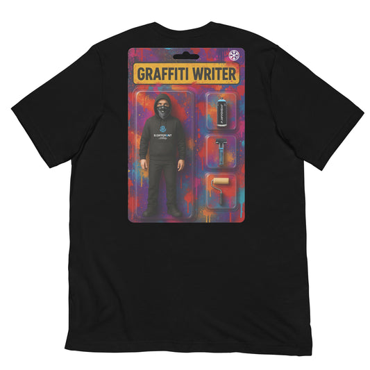 Black-Graffiti Artist Action Figure Tee from B.Different Clothing, back view, graffiti-inspired streetwear t-shirt