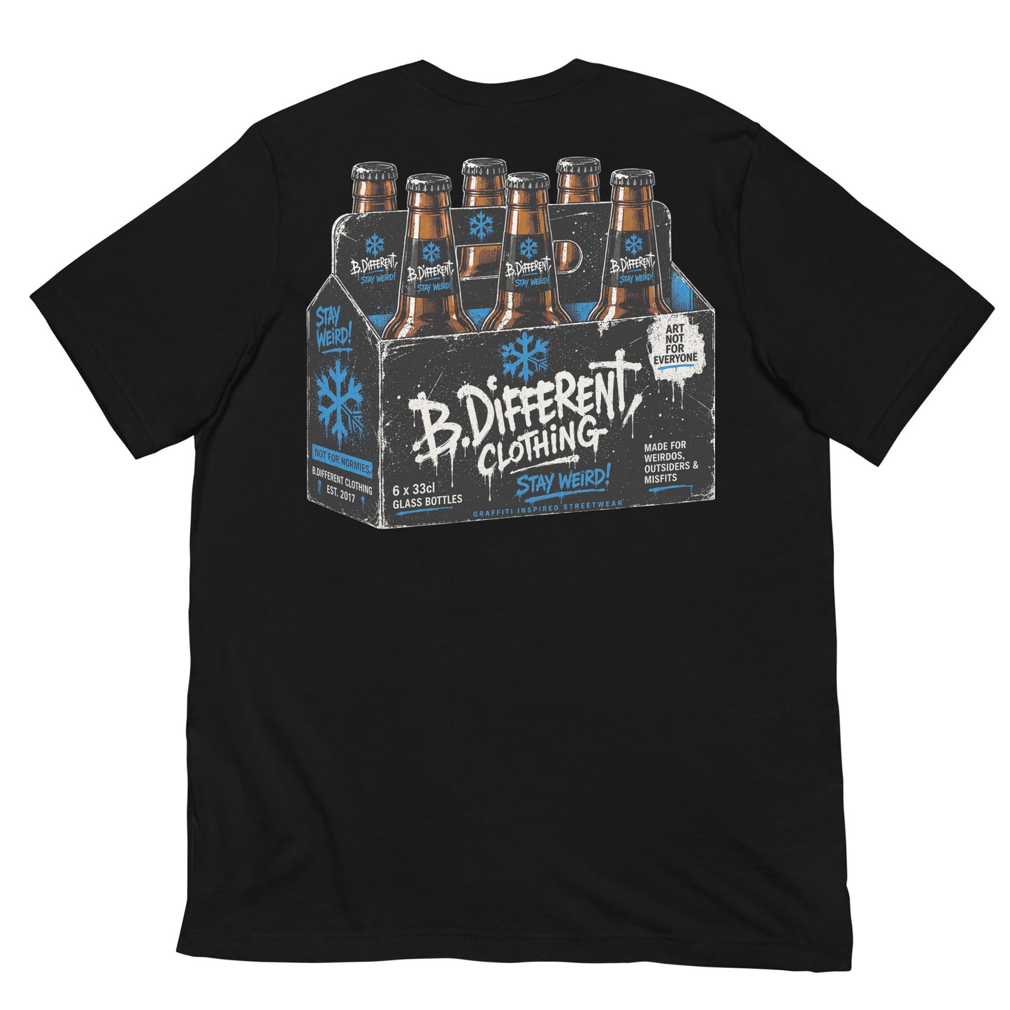 Black-Six Pack Beer Graffiti Tee from B.Different Clothing, back view, graffiti-inspired streetwear