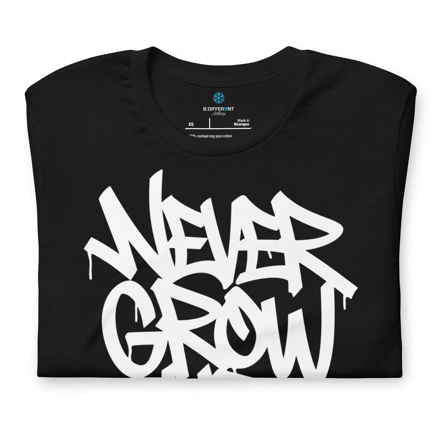 Black-Never Grow Up Graffiti Tee from B.Different Clothing, folded, graffiti-inspired streetwear t-shirt