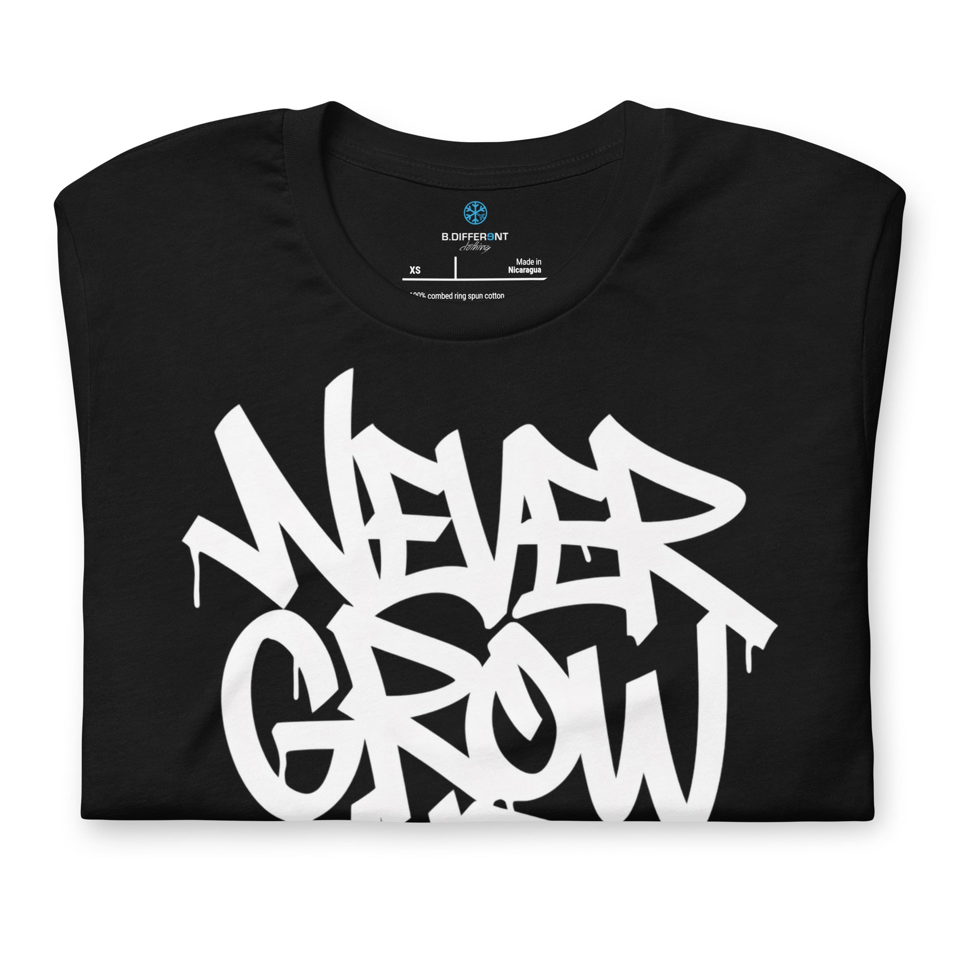 Black-Never Grow Up Graffiti Tee from B.Different Clothing, folded, graffiti-inspired streetwear t-shirt