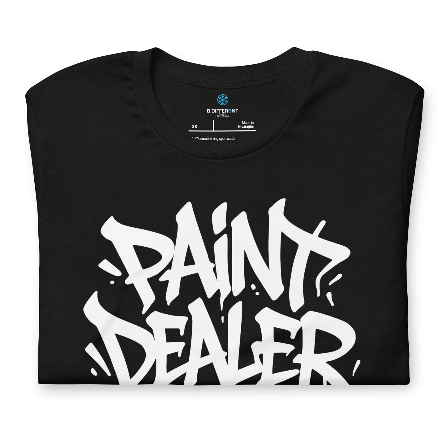 Black-Paint Dealer Graffiti Tag Tee from B.Different Clothing, folded, graffiti-inspired streetwear t-shirt