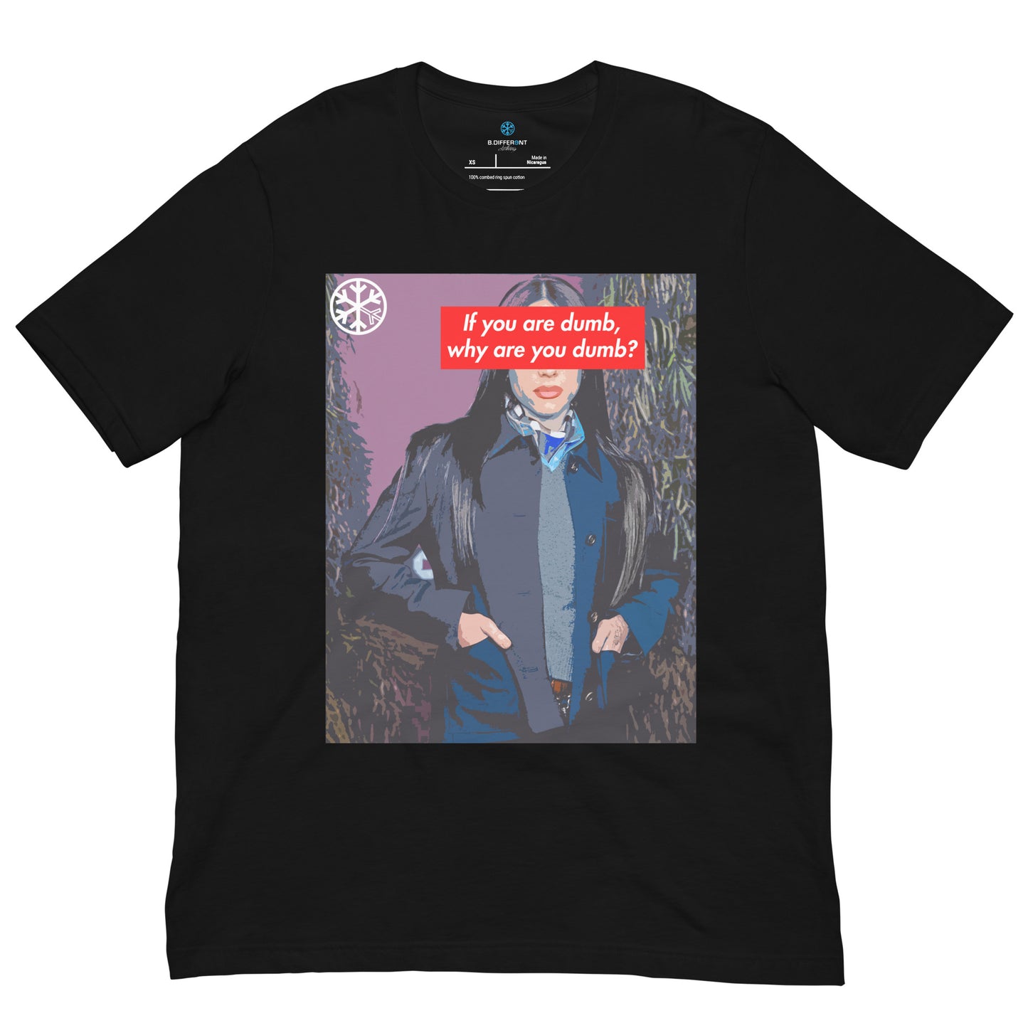 Black-Why Are You Dumb Tee from B.Different Clothing, front view, graffiti-inspired streetwear t-shirt