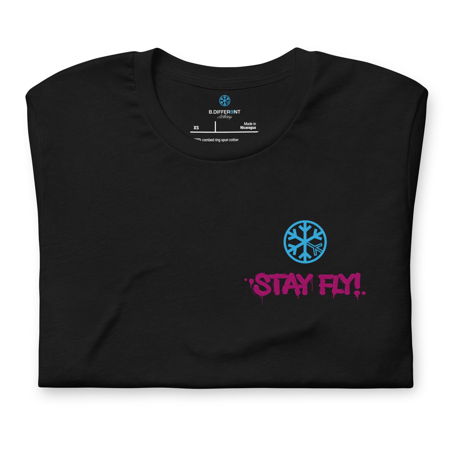 Black-Stay Fly Graffiti Character Tee from B.Different Clothing, folded, graffiti-inspired streetwear t-shirt
