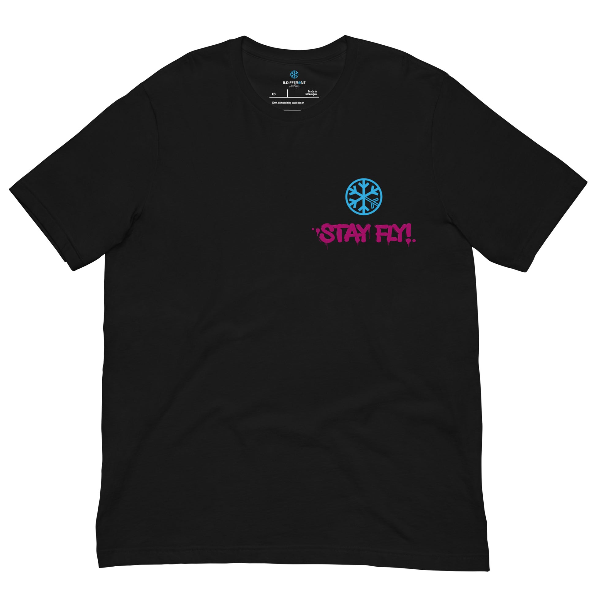 Black-Stay Fly Graffiti Character Tee from B.Different Clothing, front view, graffiti-inspired streetwear t-shirt