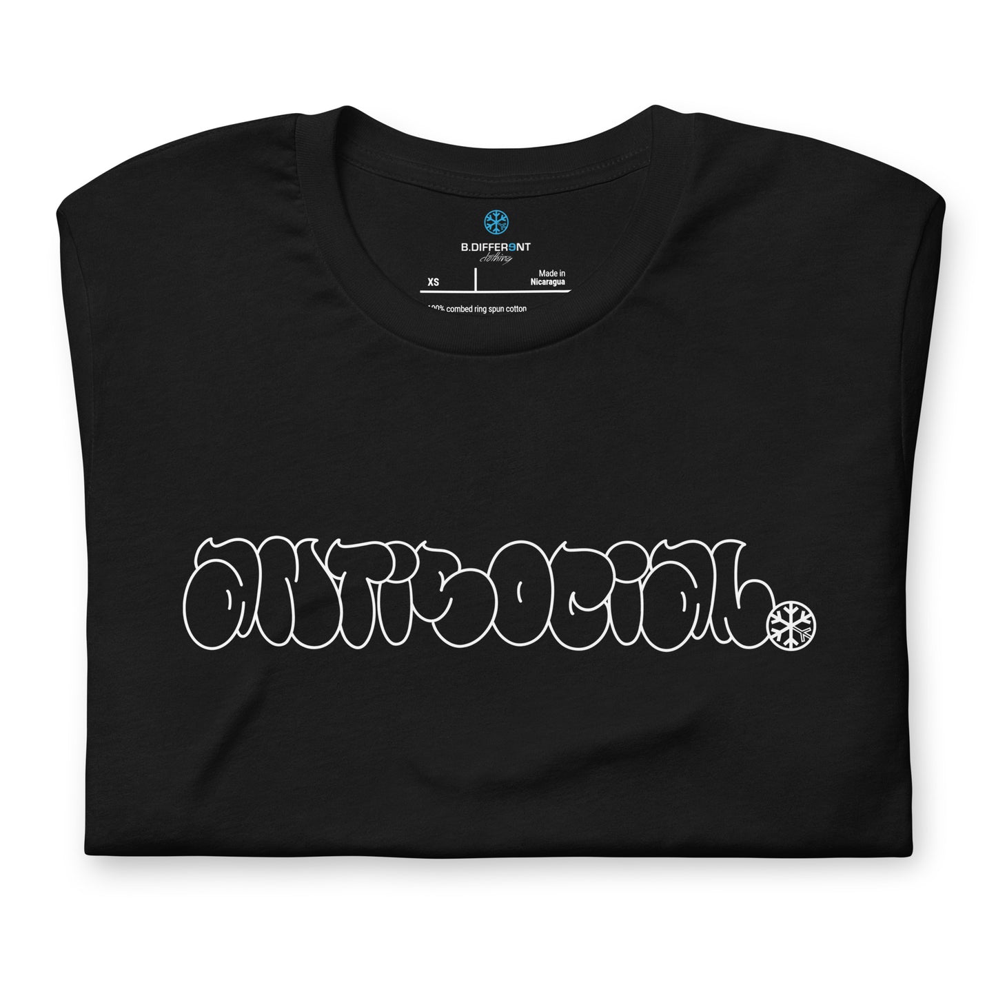 Black-Antisocial Graffiti Hollow Tee from B.Different Clothing, folded, graffiti-inspired streetwear t-shirt