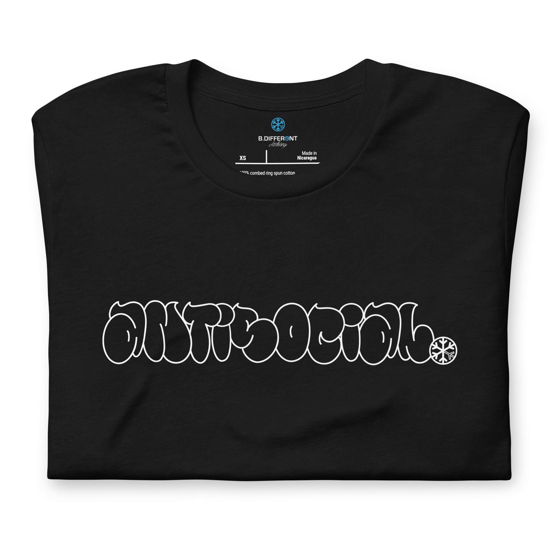 Black-Antisocial Graffiti Hollow Tee from B.Different Clothing, folded, graffiti-inspired streetwear t-shirt