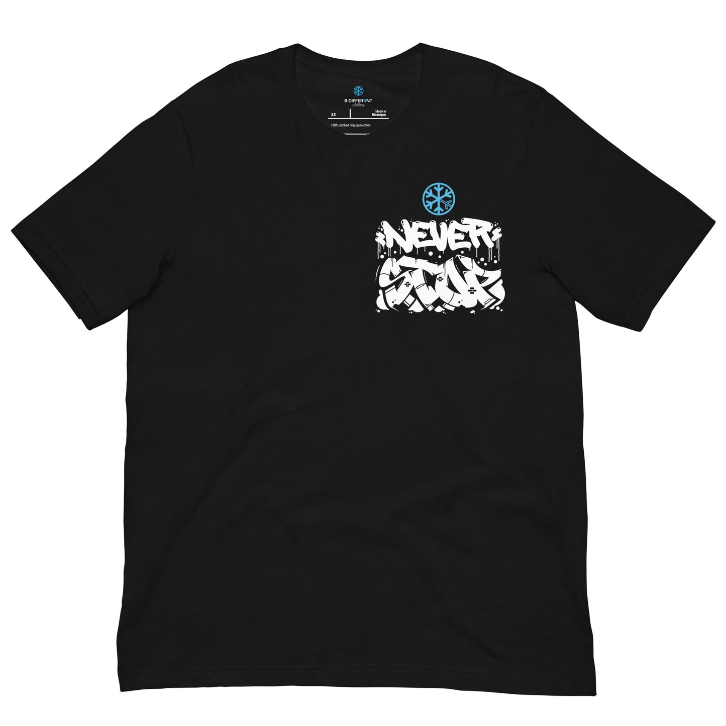 Black-Never Stop Graffiti Character Tee from B.Different Clothing, front view, graffiti-inspired streetwear t-shirt